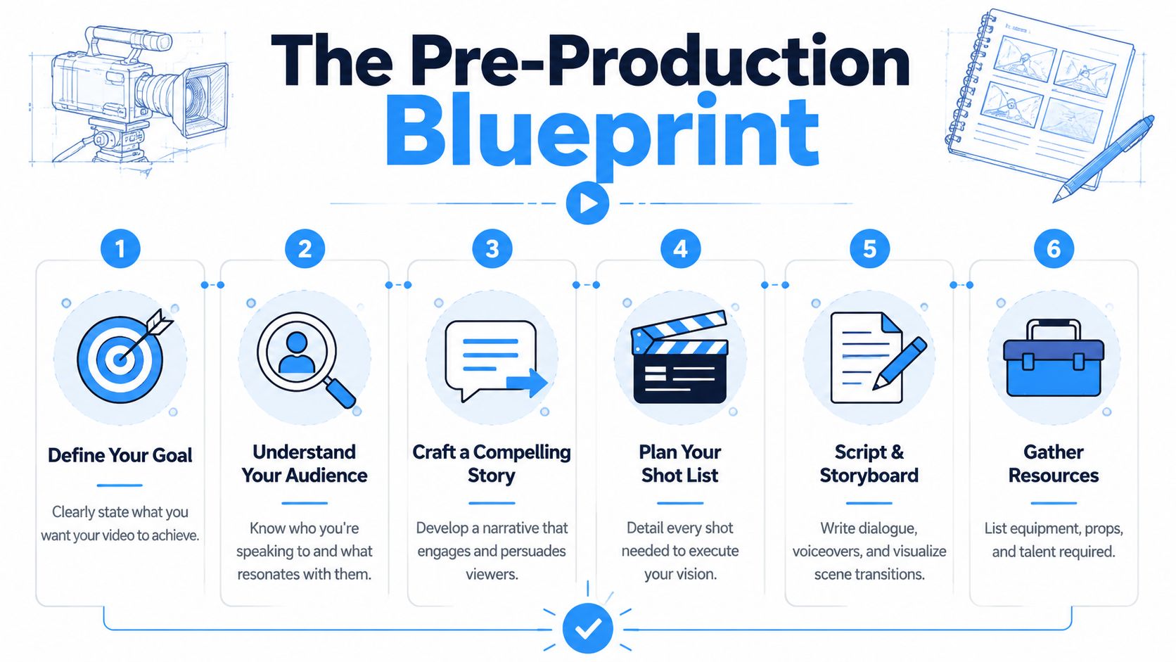 A six-step infographic outlining the pre-production blueprint for creating successful video content for marketing purposes.