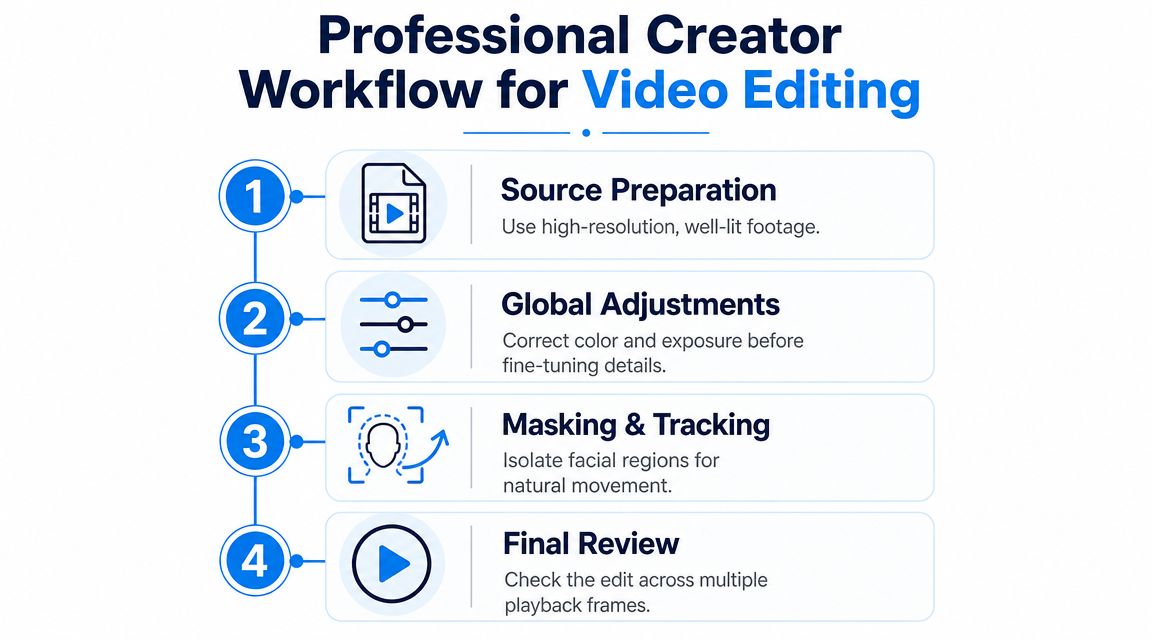 A professional video editing workflow infographic showing four numbered steps for editing video content effectively.