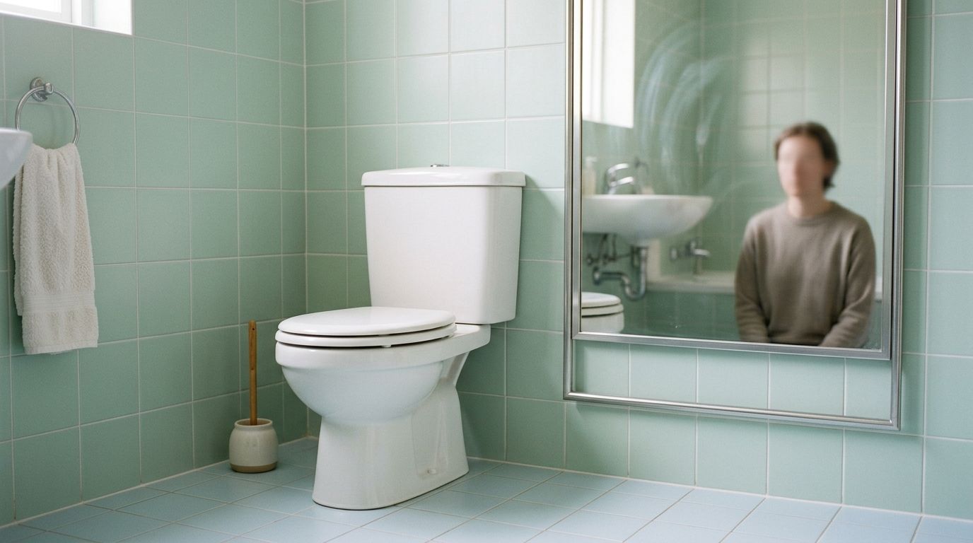 A person is reflected in a mirror inside a mint green tiled bathroom with a toilet.