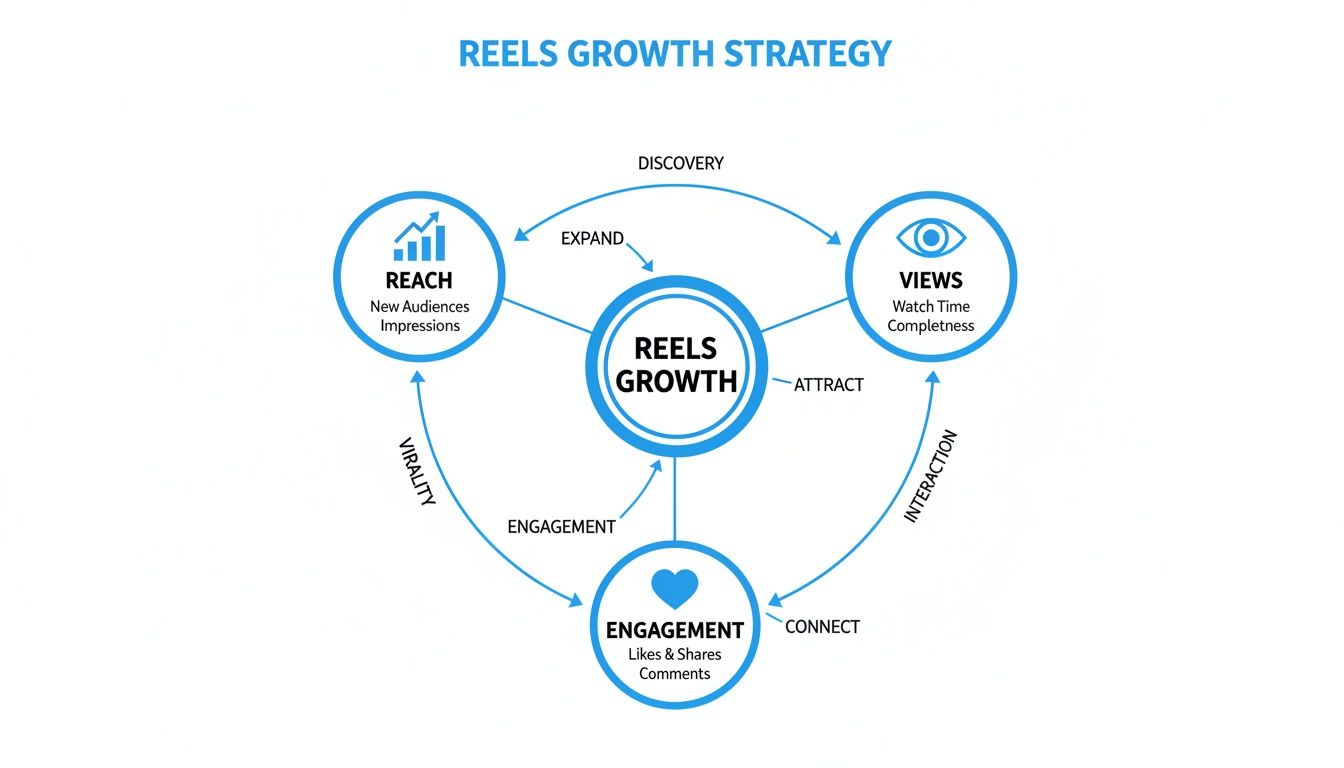 Diagram illustrating a Reels growth strategy with components like reach, views, and engagement linked for expansion.