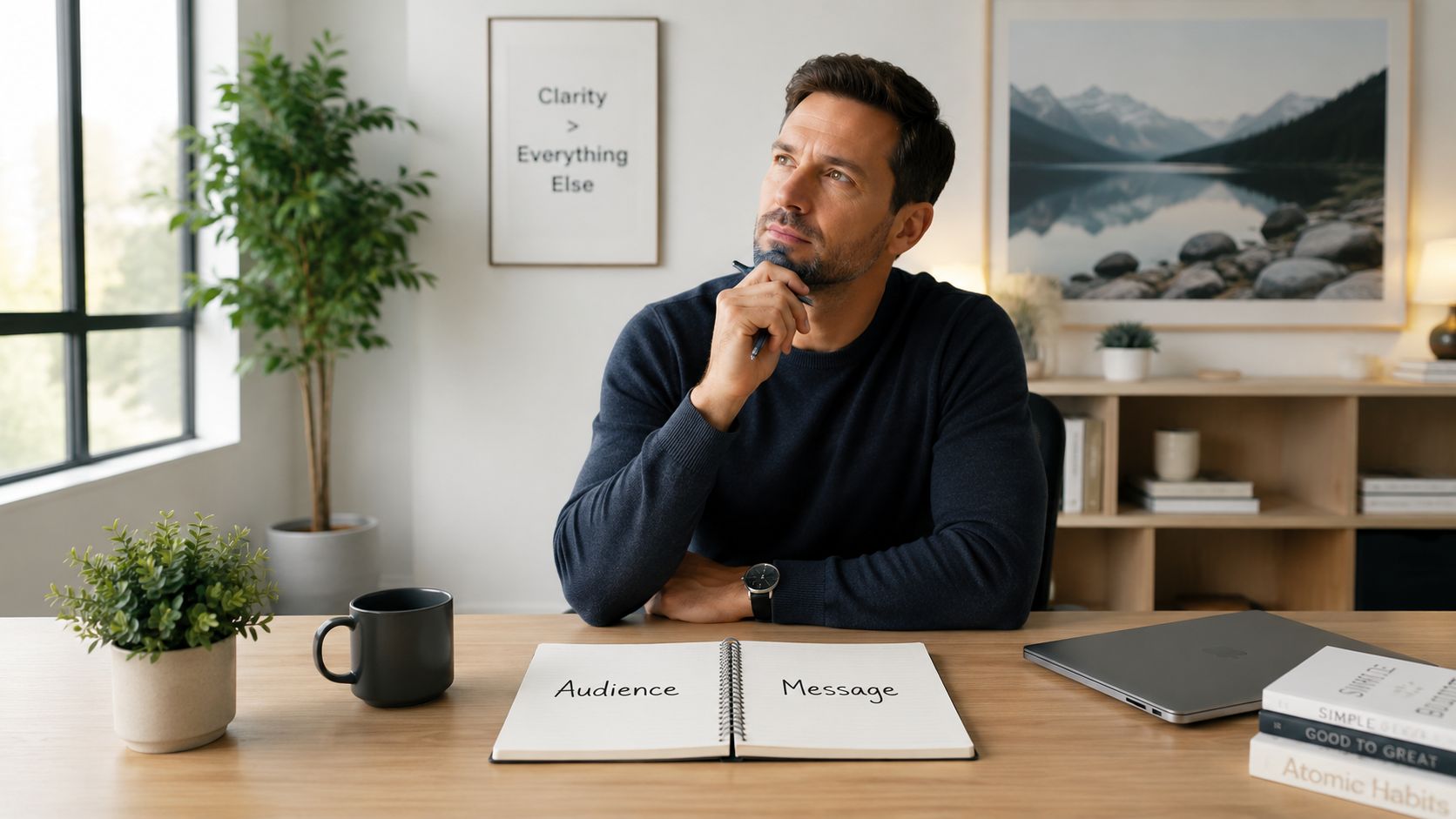 A professional man sitting at a desk thinking while planning content in a notebook.