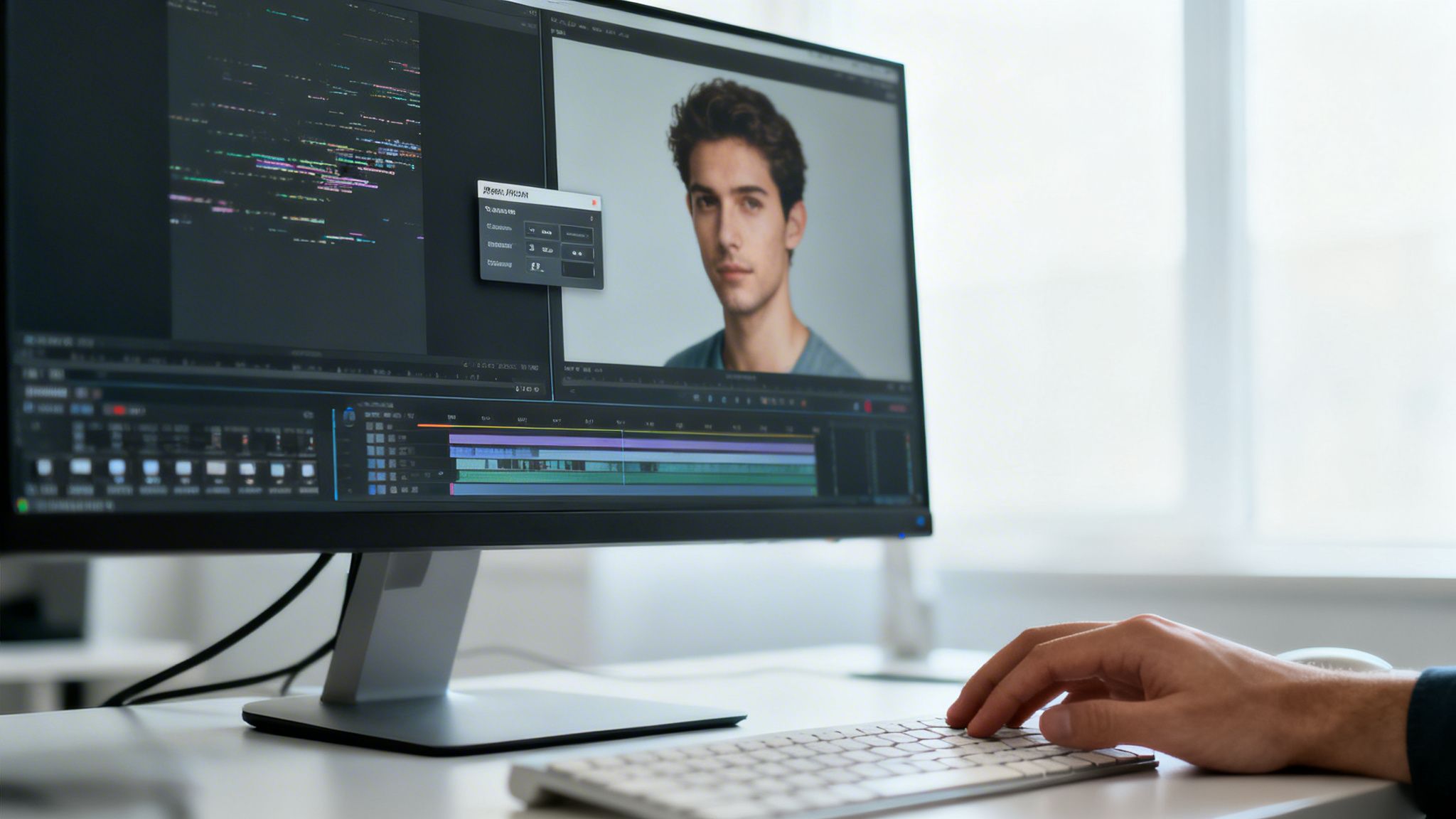 Hand on keyboard, editing video on a monitor showing a man's face and editing timeline.