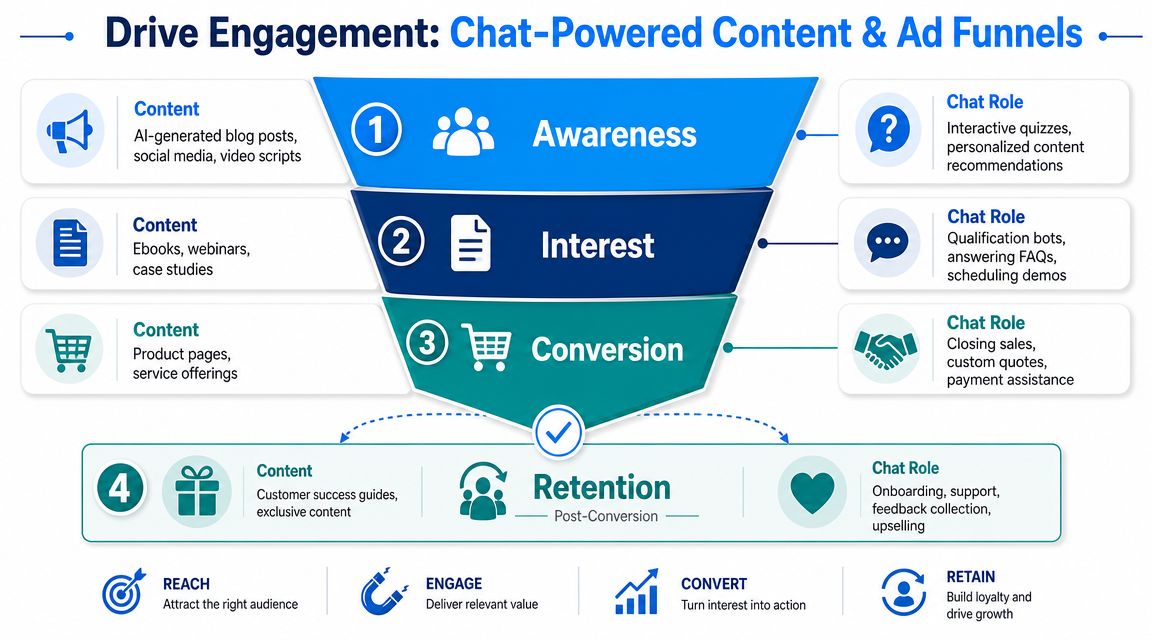A marketing funnel diagram showing how chat tools drive engagement across awareness, interest, conversion, and retention stages.
