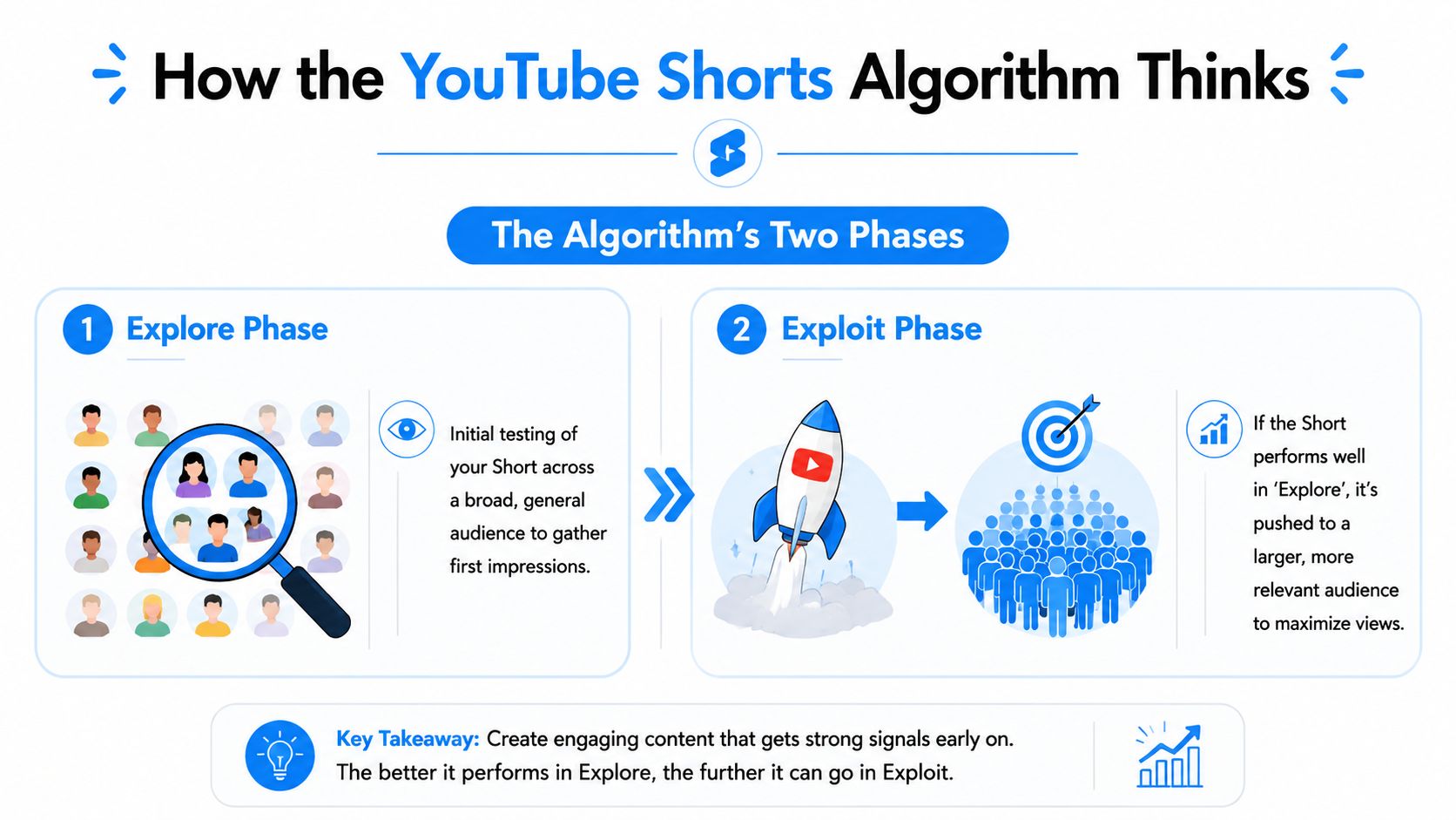 An infographic illustrating how the YouTube Shorts algorithm uses an Explore and Exploit phase to distribute content.
