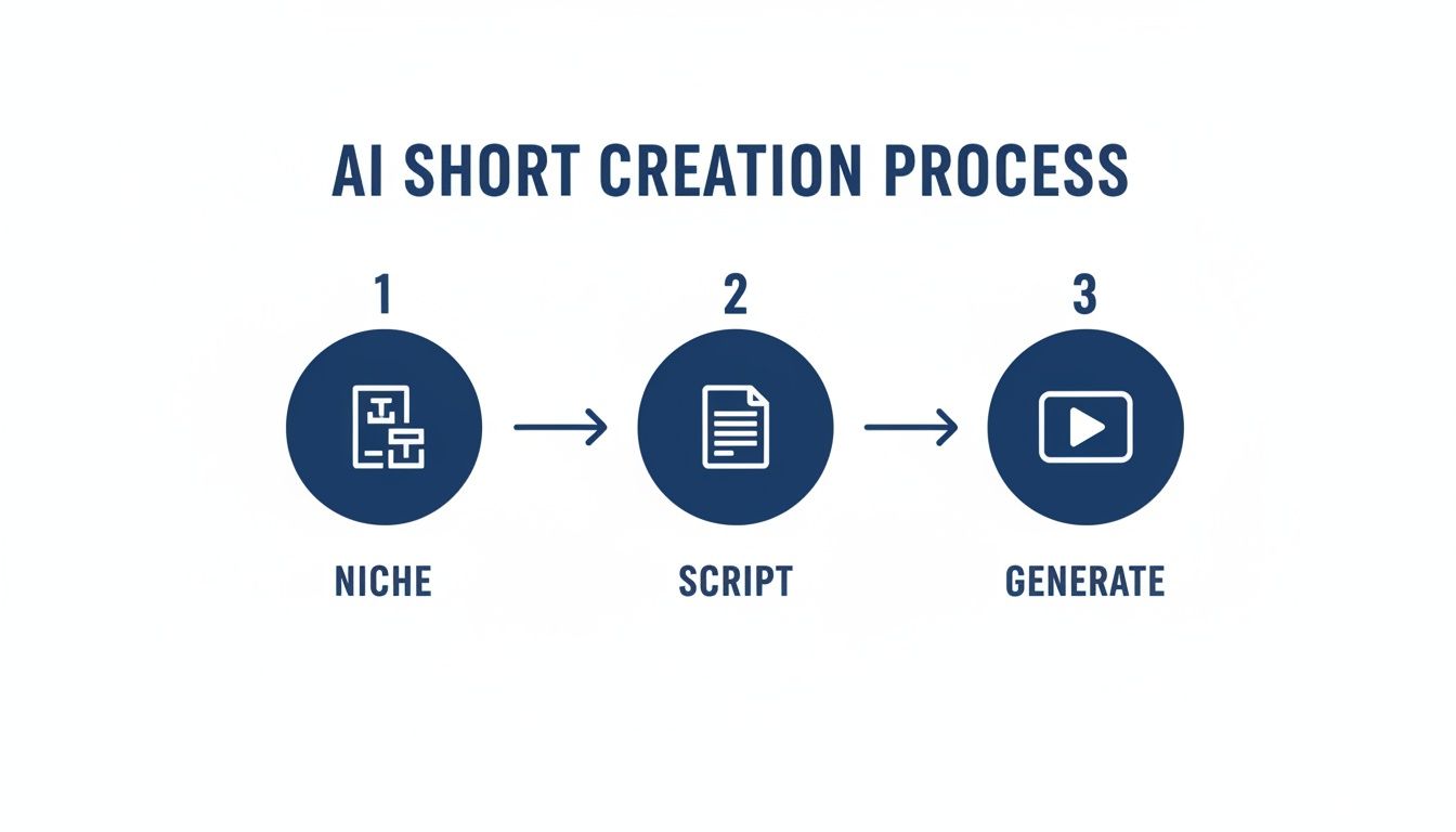 A visual flowchart outlining the three steps of AI short creation: Niche, Script, and Generate.