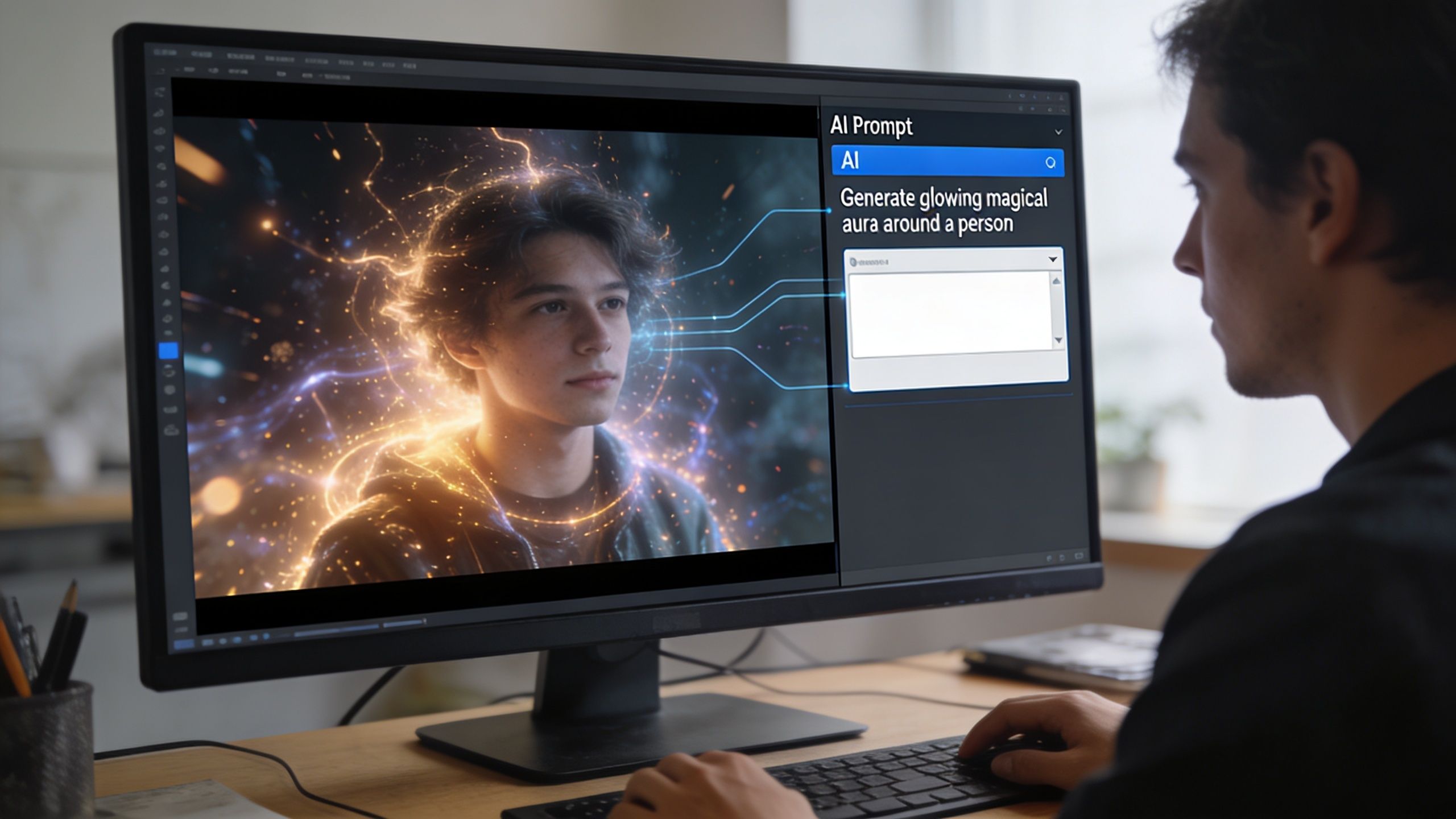 A person editing a video on a computer screen featuring a magical glowing aura effect.