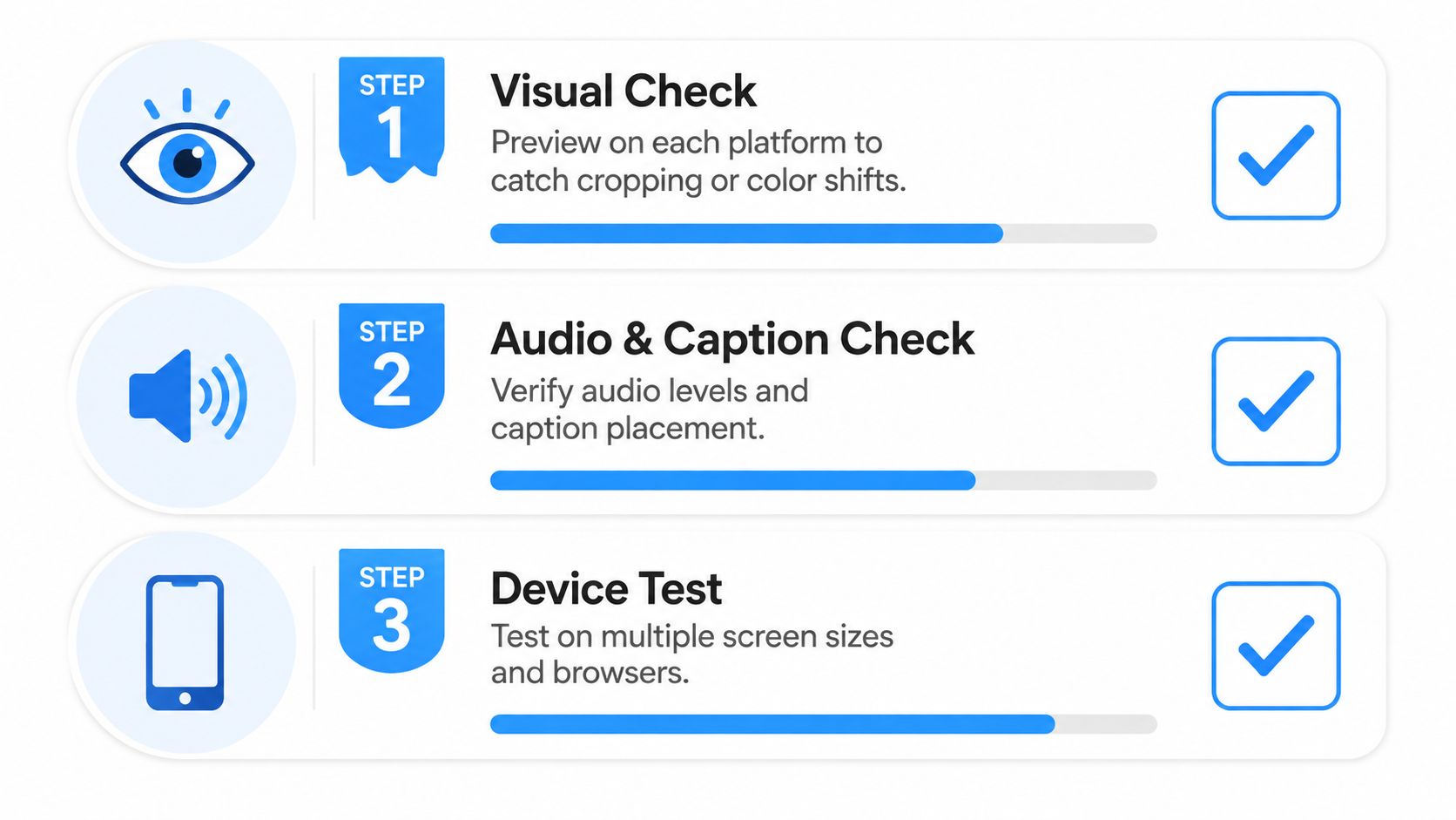 A checklist featuring three steps for ensuring cross-platform video and content quality with icons and progress bars.