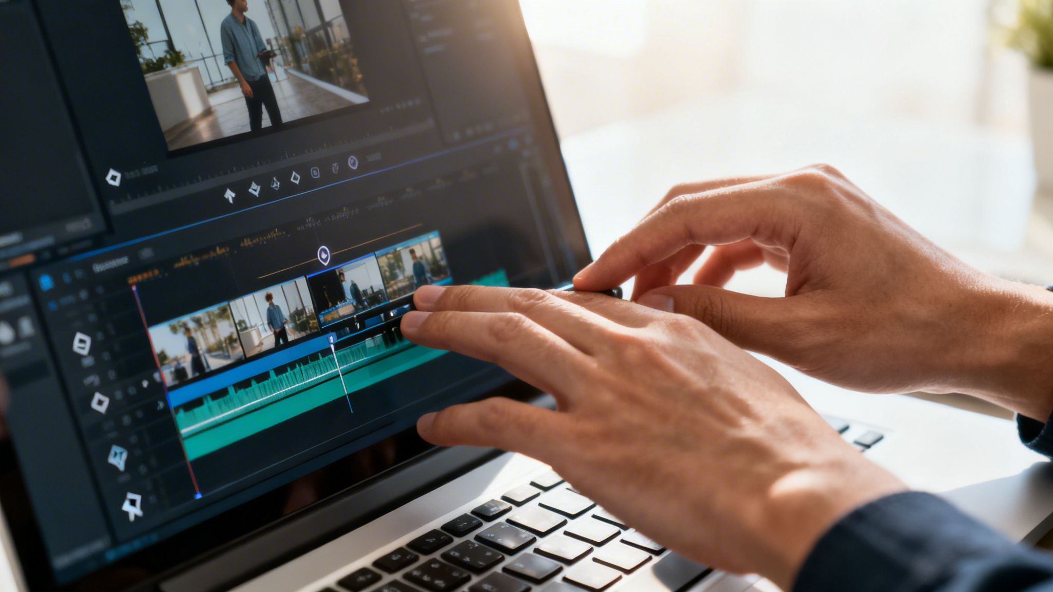 A close-up shot of a person editing video footage on a laptop screen using a stylus pen.