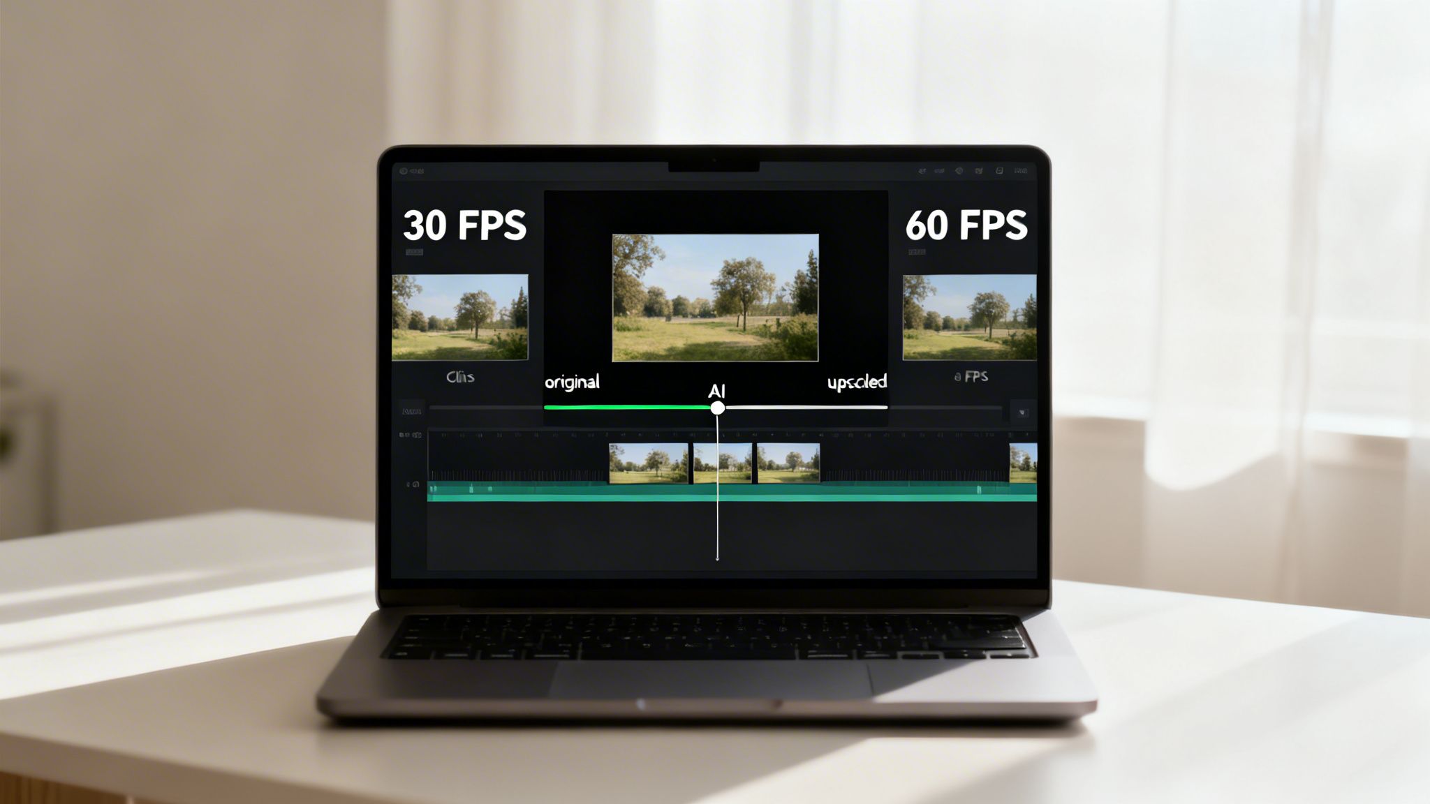 A laptop screen displays a video editor comparing an original 30 FPS video to an AI-upscaled 60 FPS version.
