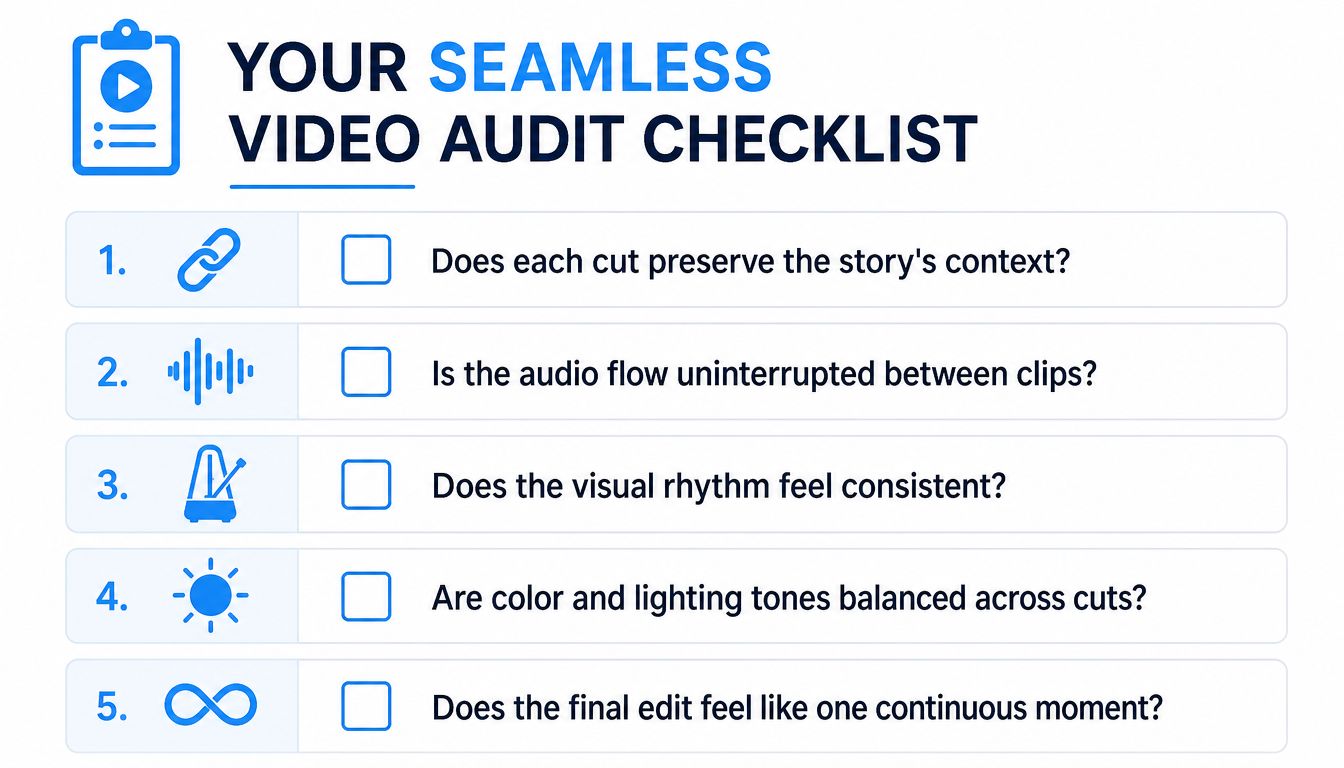 A checklist for video editors listing five essential steps to achieve seamless video transitions.