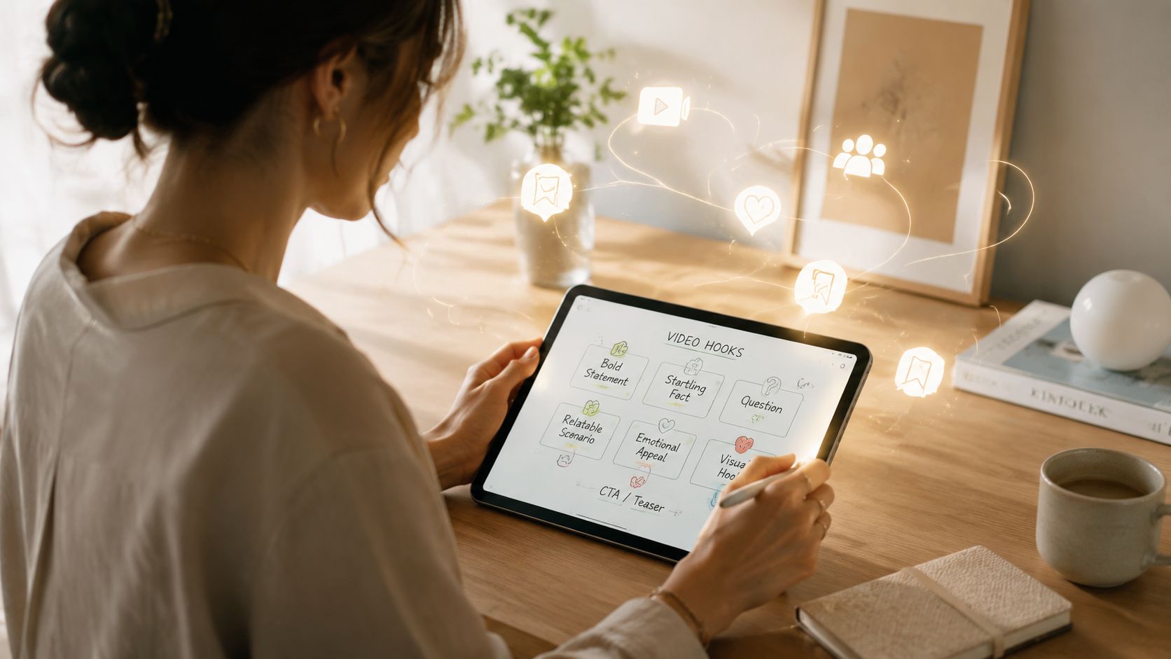 A woman reviewing video hook strategies for social media content creation on her digital tablet device.