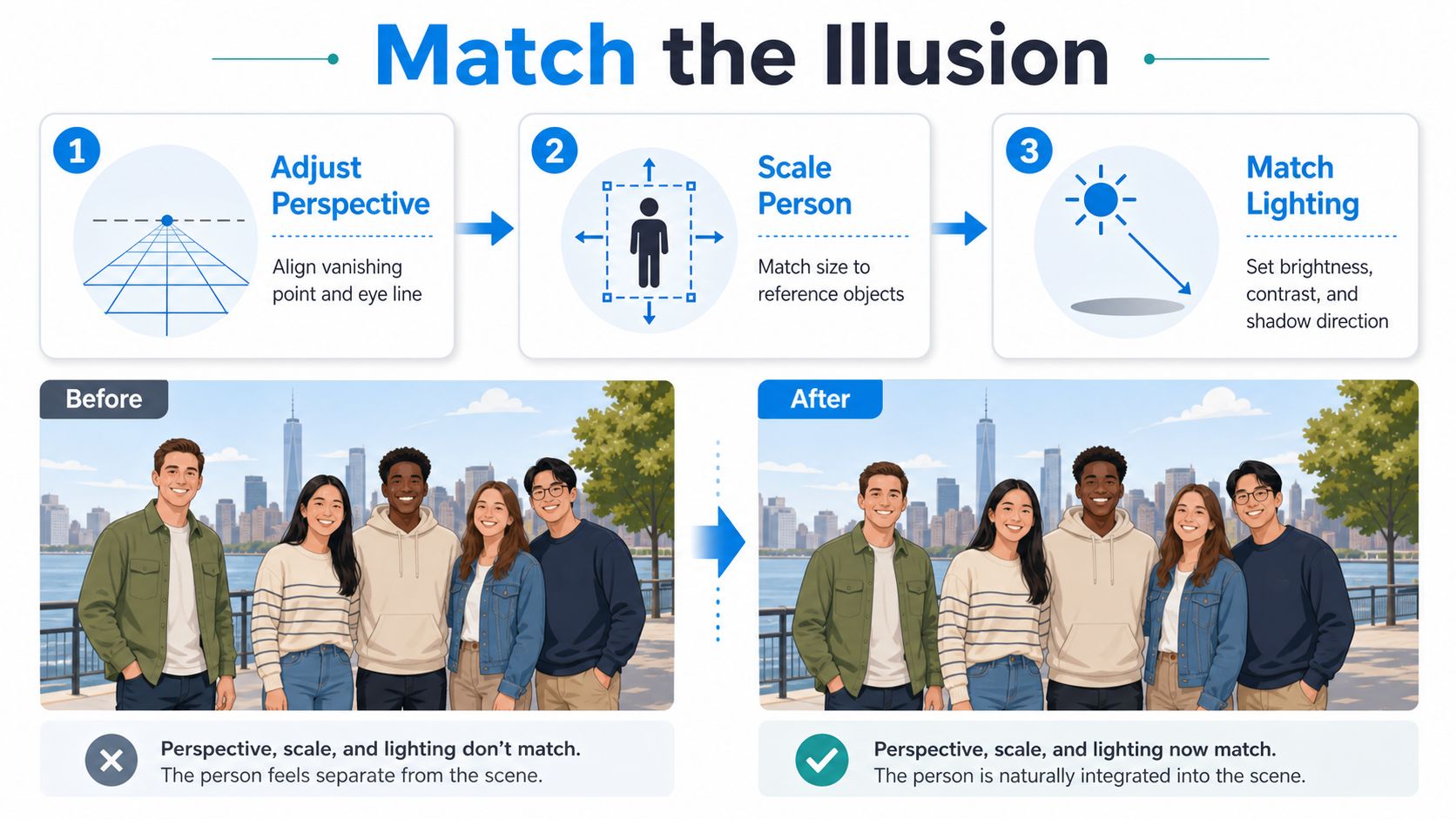 A diagram illustrating three steps to realistically edit a person into a new photo scene.