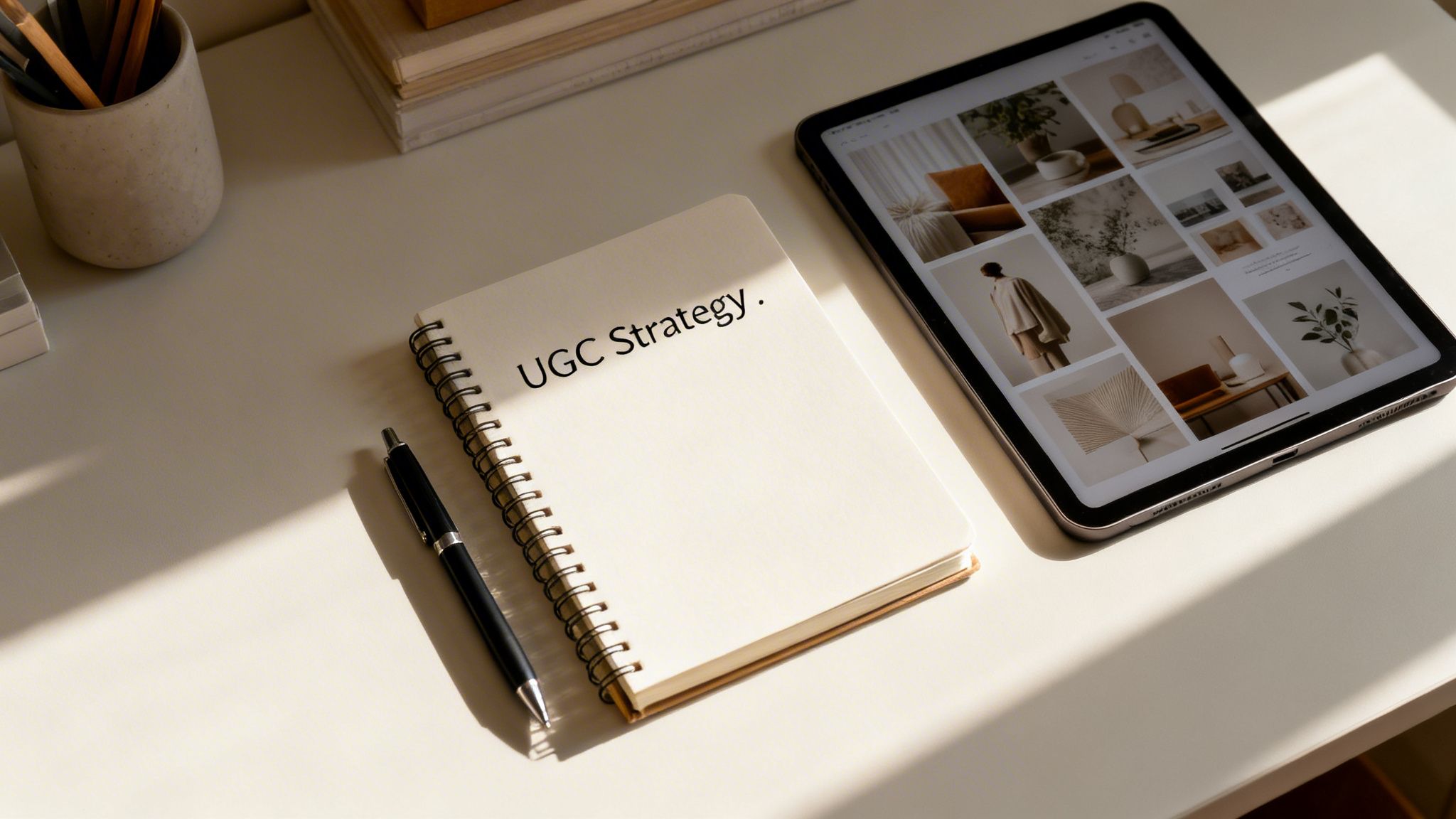 A notepad labeled UGC Strategy, a pen, and a tablet displaying lifestyle images on a desk.