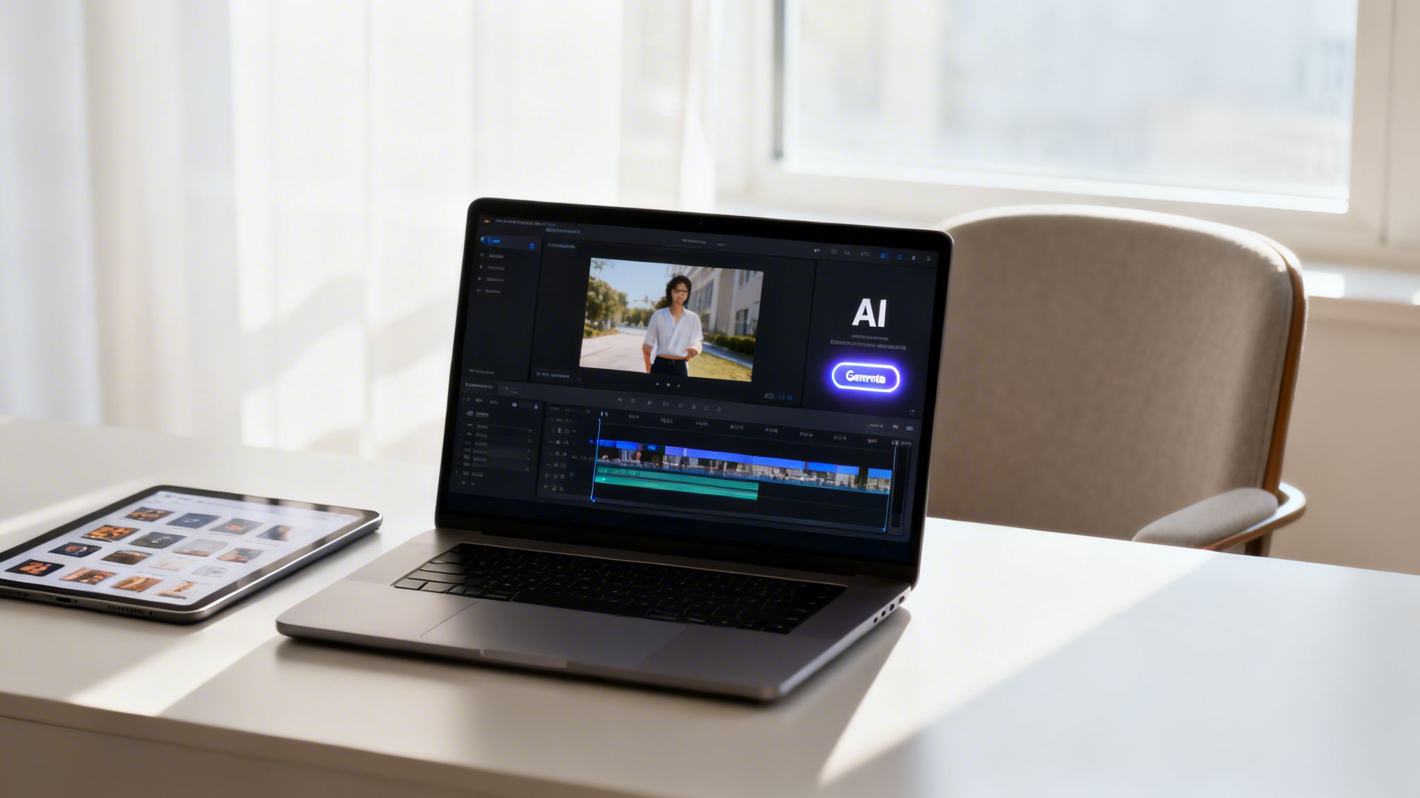 A laptop displaying video editing software with an AI generate button, next to a tablet.