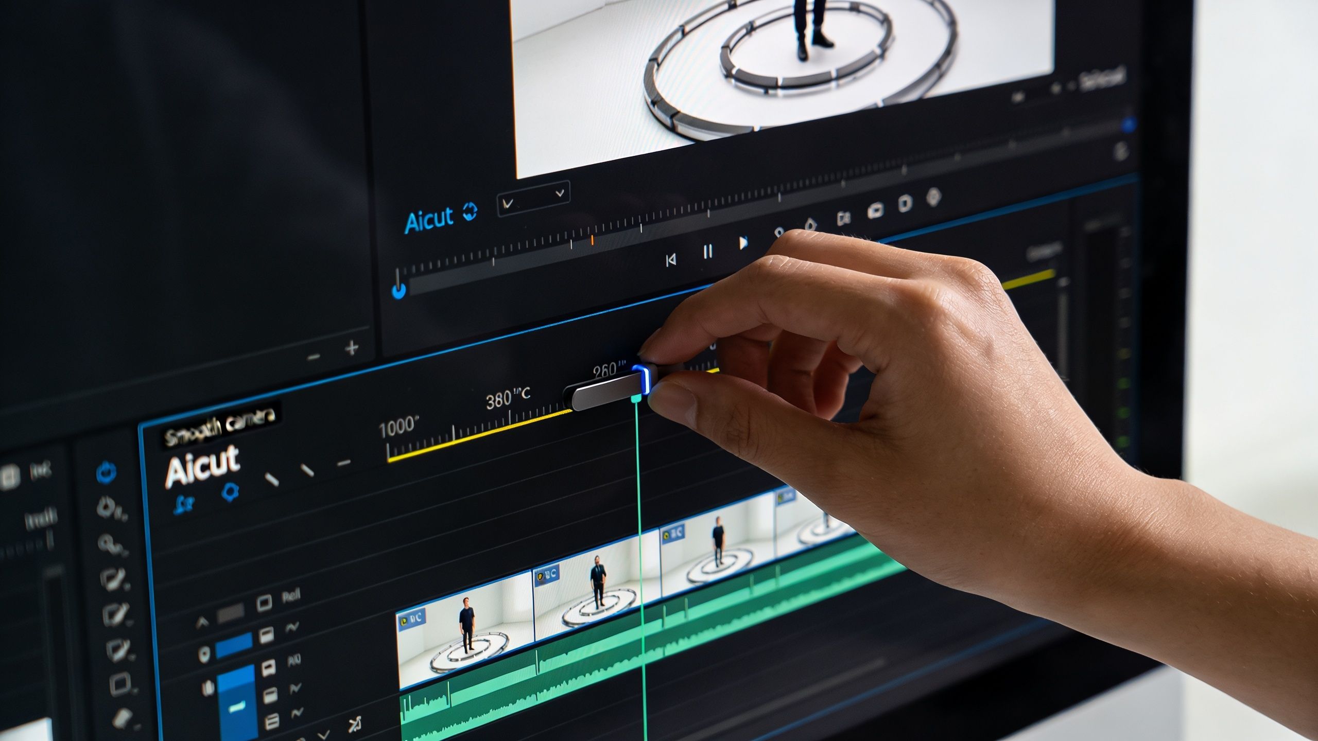 A hand adjusts a timeline slider on a professional video editing software interface displaying 360 degree footage.