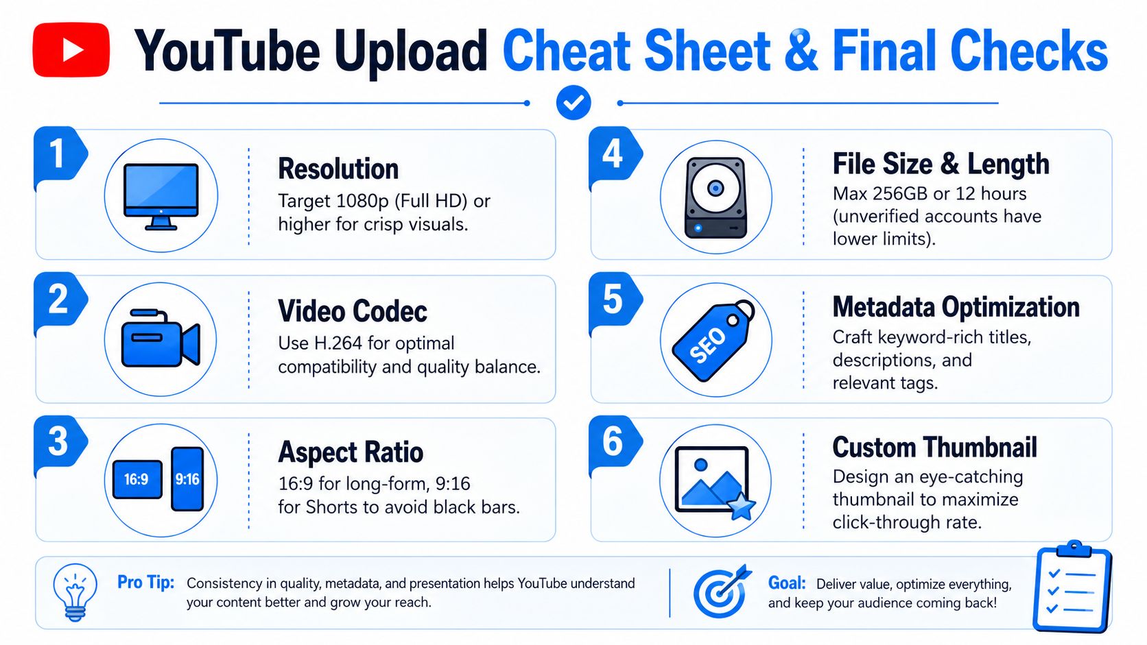 A visual guide illustrating six key YouTube upload settings for optimal video quality and content performance.