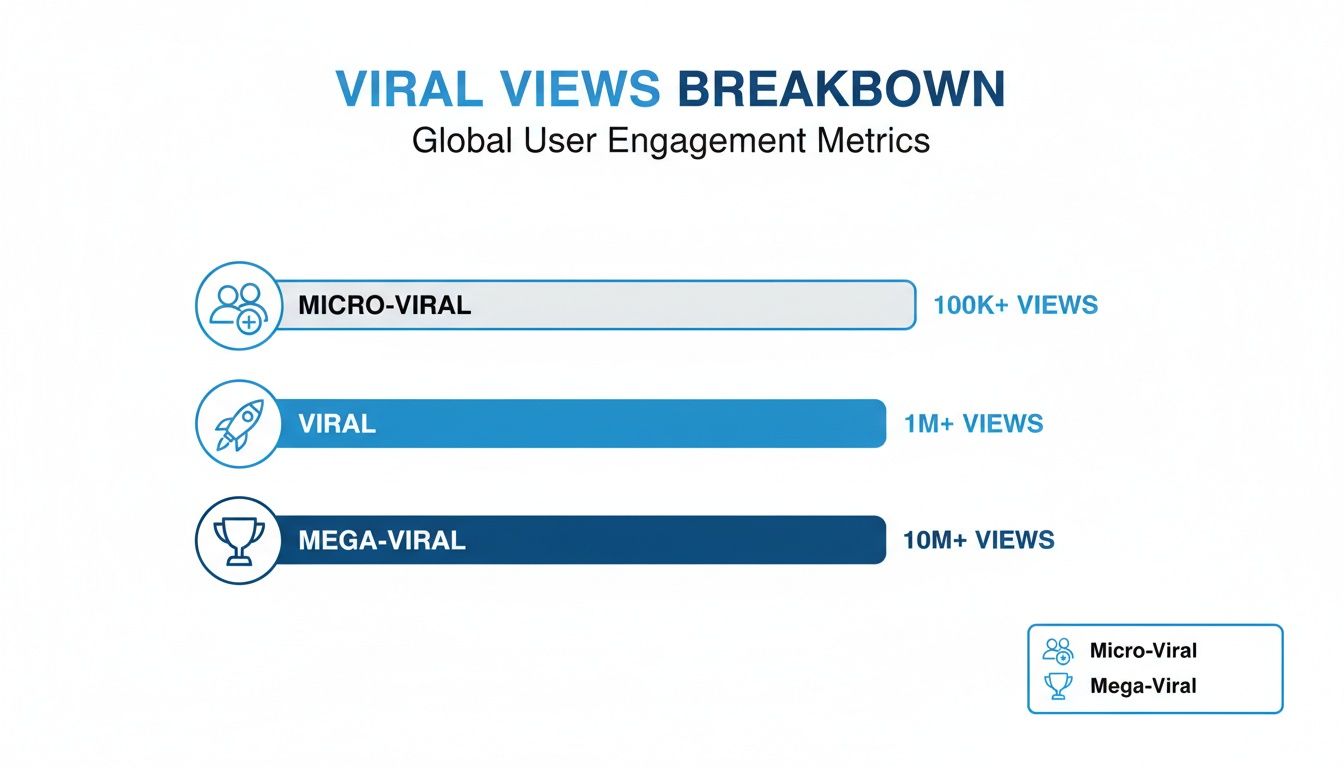 A chart illustrating viral content tiers: Micro-Viral (100K+ views), Viral (1M+ views), and Mega-Viral (10M+ views).