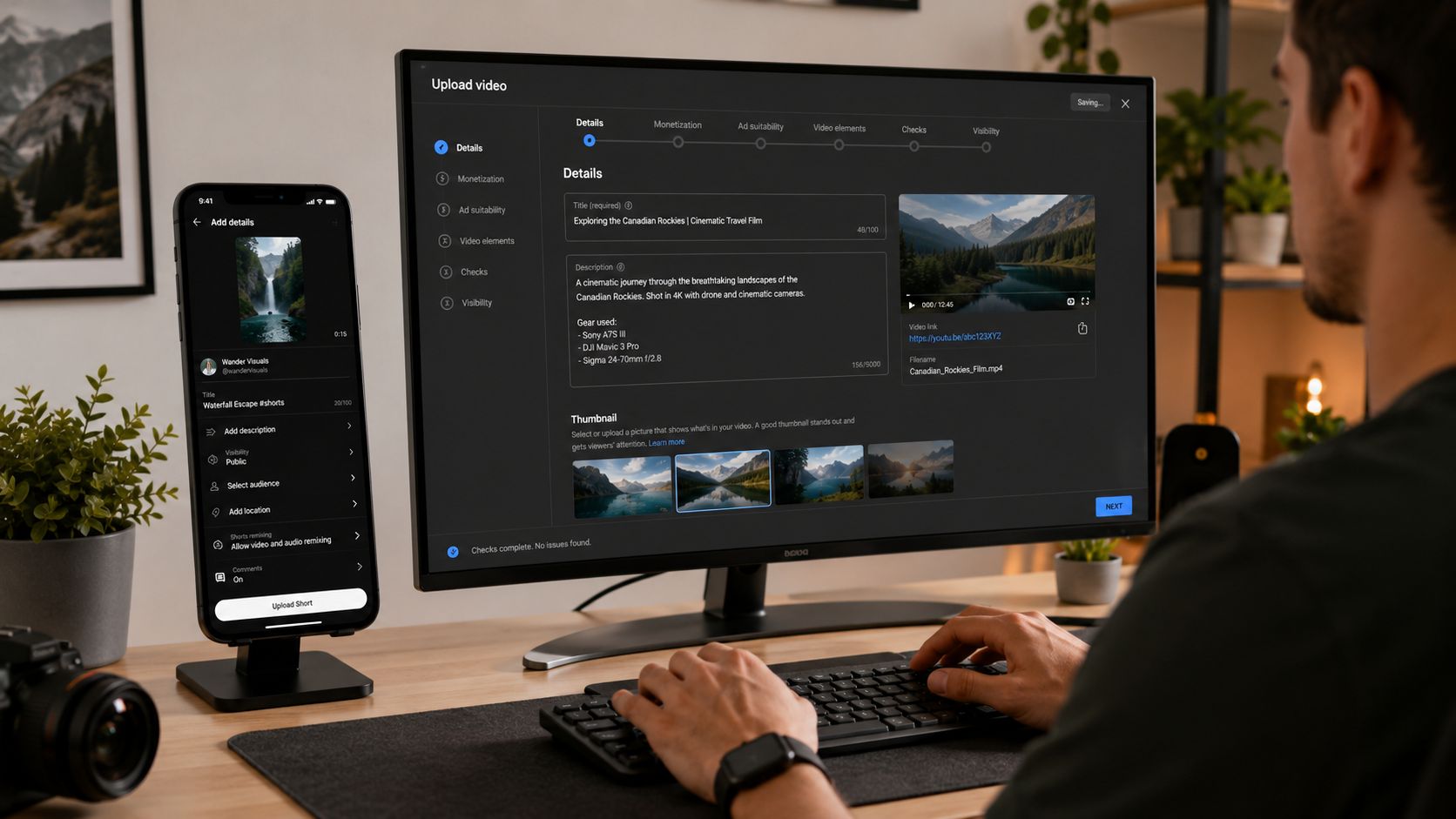 A creator uploading a travel video to YouTube using a desktop computer and a smartphone.
