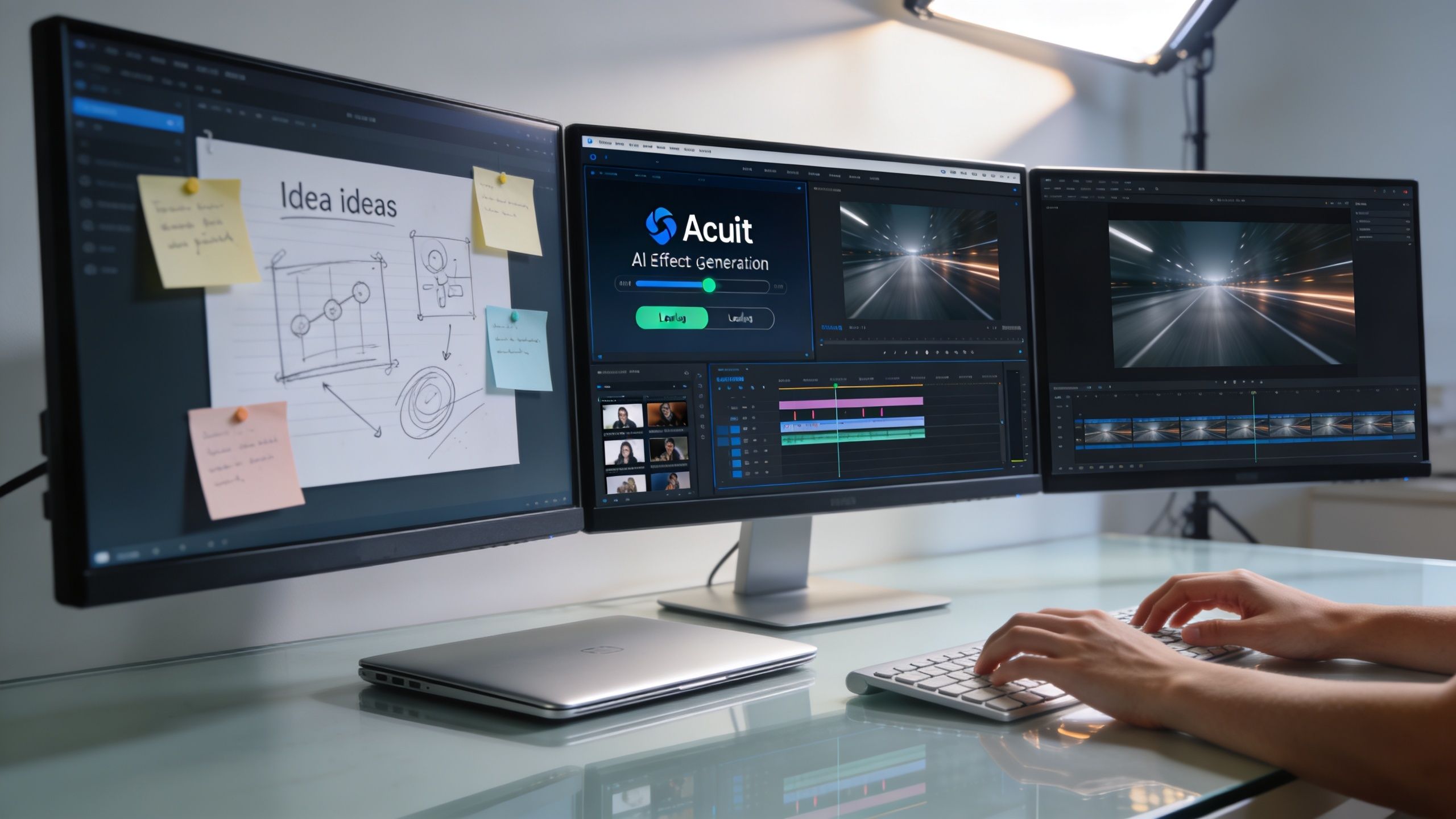 A professional video editor working on three computer monitors displaying AI-powered video generation and editing software tools.