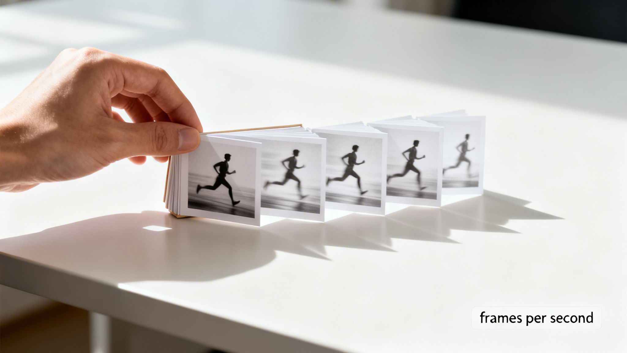 A hand flips a small book illustrating a runner's motion, demonstrating frames per second.