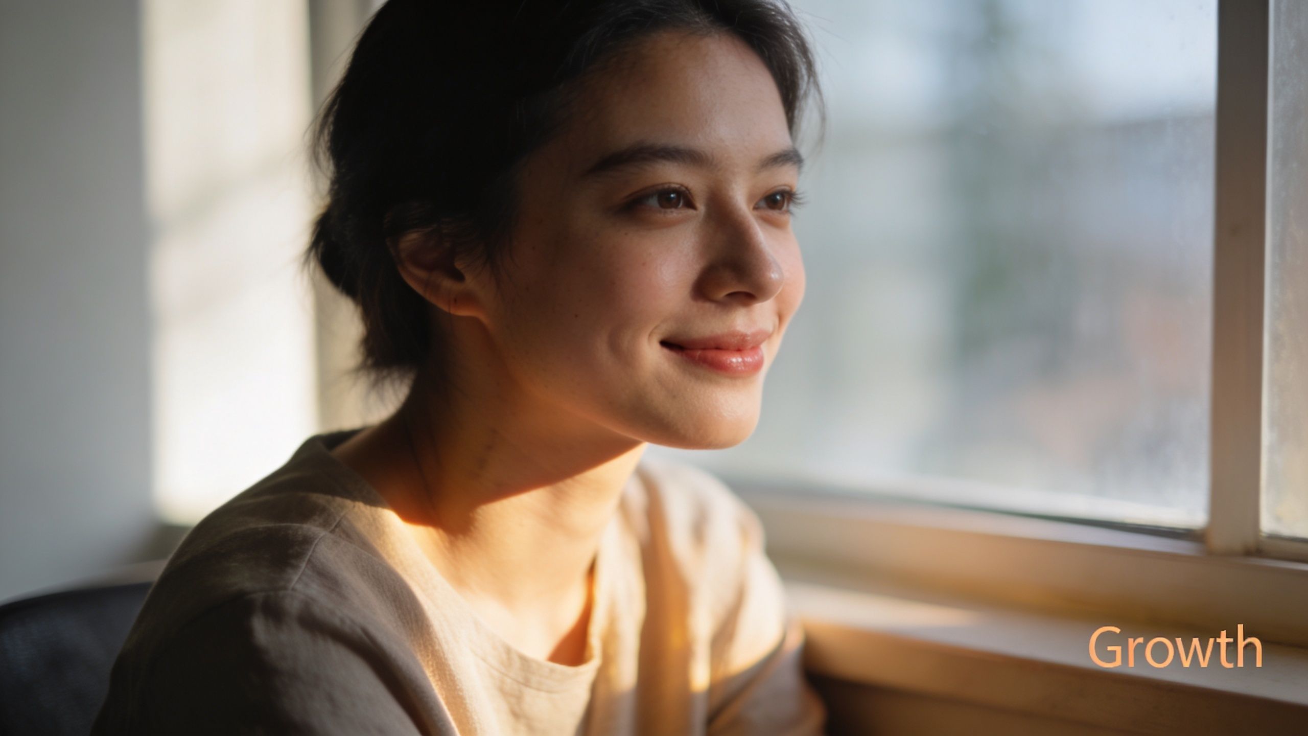 A young woman smiling while looking out a bright, sunny window in a calm setting.