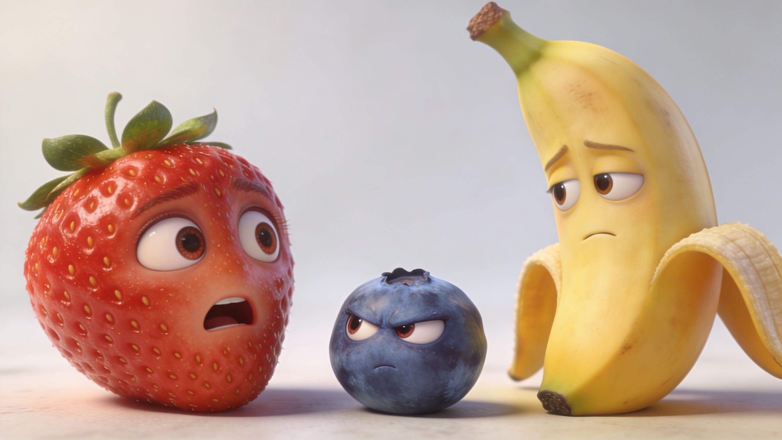 A 3D animated scene featuring a surprised strawberry, an angry blueberry, and a sad banana character.
