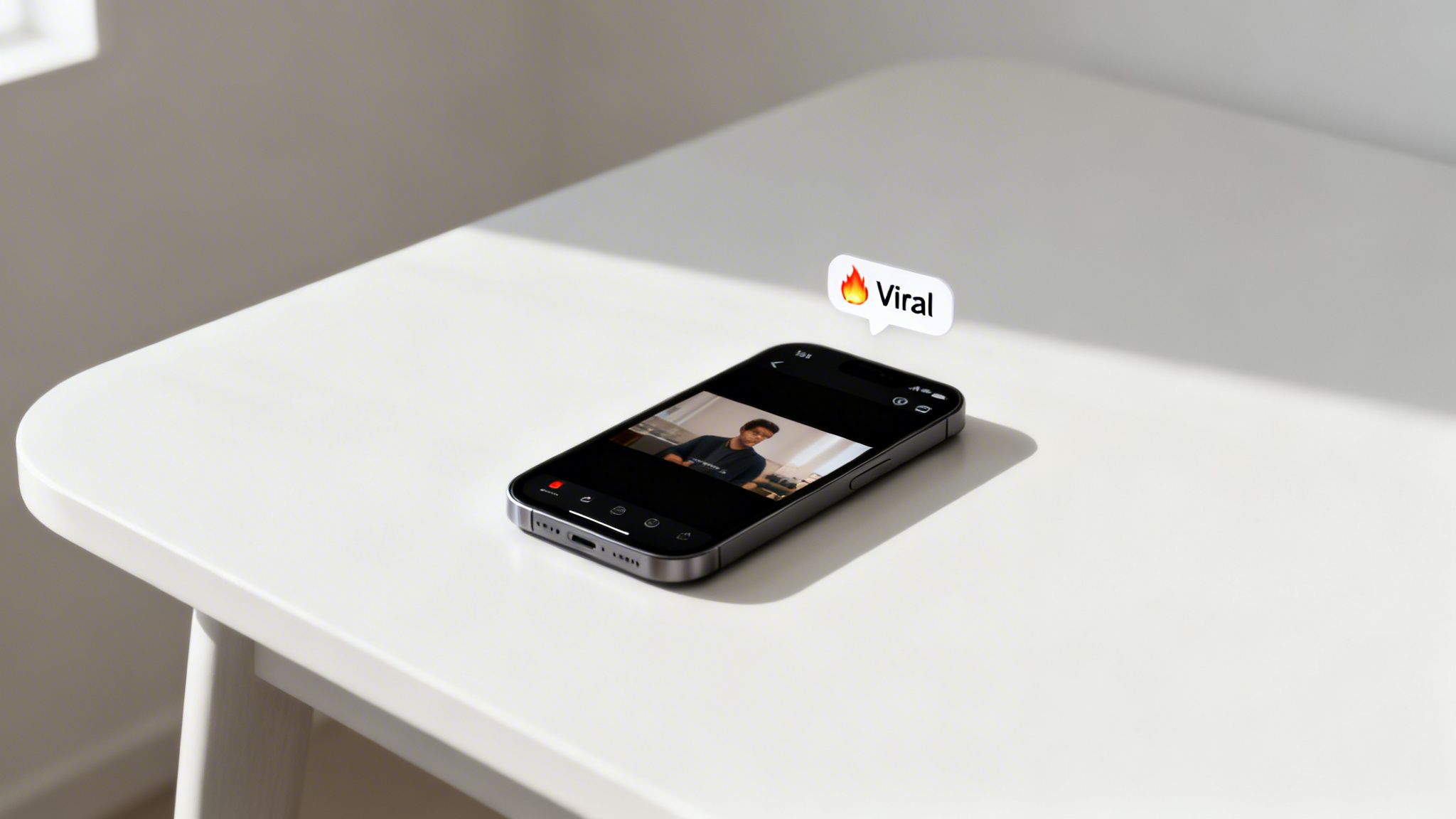 An iPhone on a white table displaying a video of a man, with a 'Viral' speech bubble above.