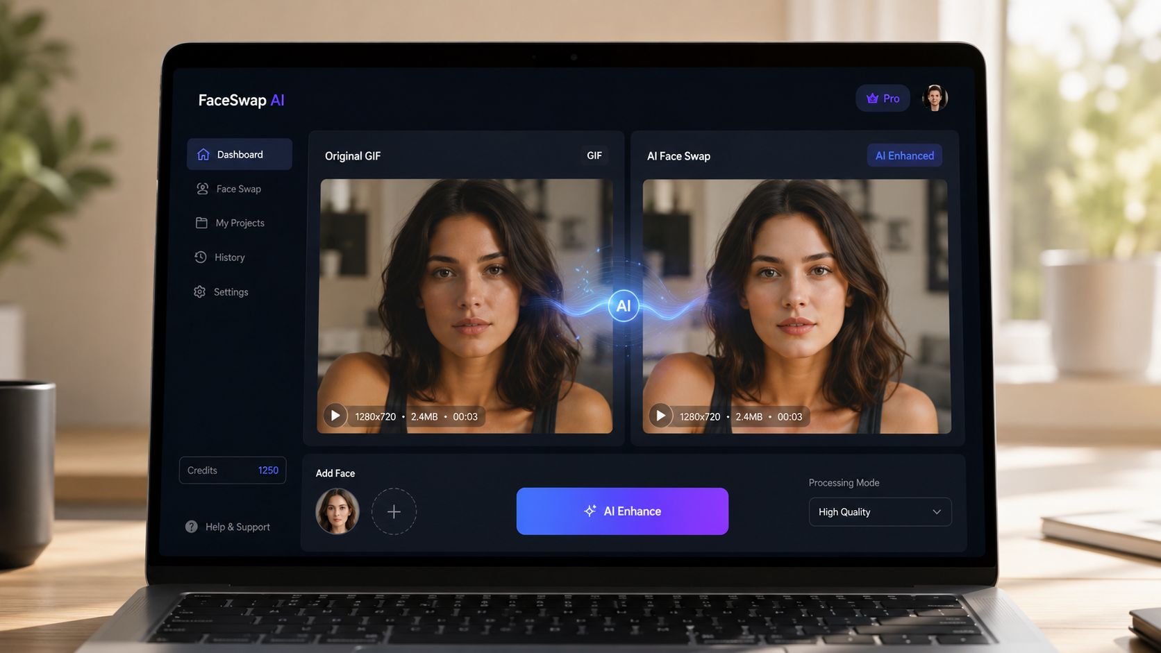 A professional laptop screen displaying a web application interface for an AI-powered face swap tool for GIFs.