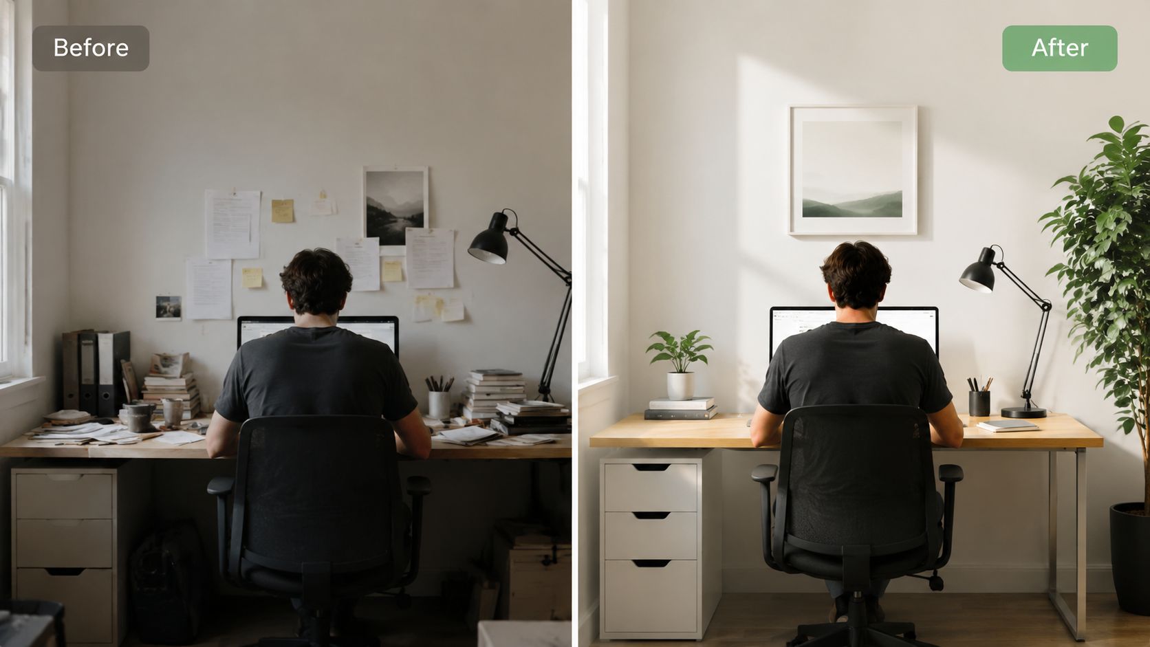 A split view comparison showing a messy workspace transformed into a clean and organized modern home office desk.