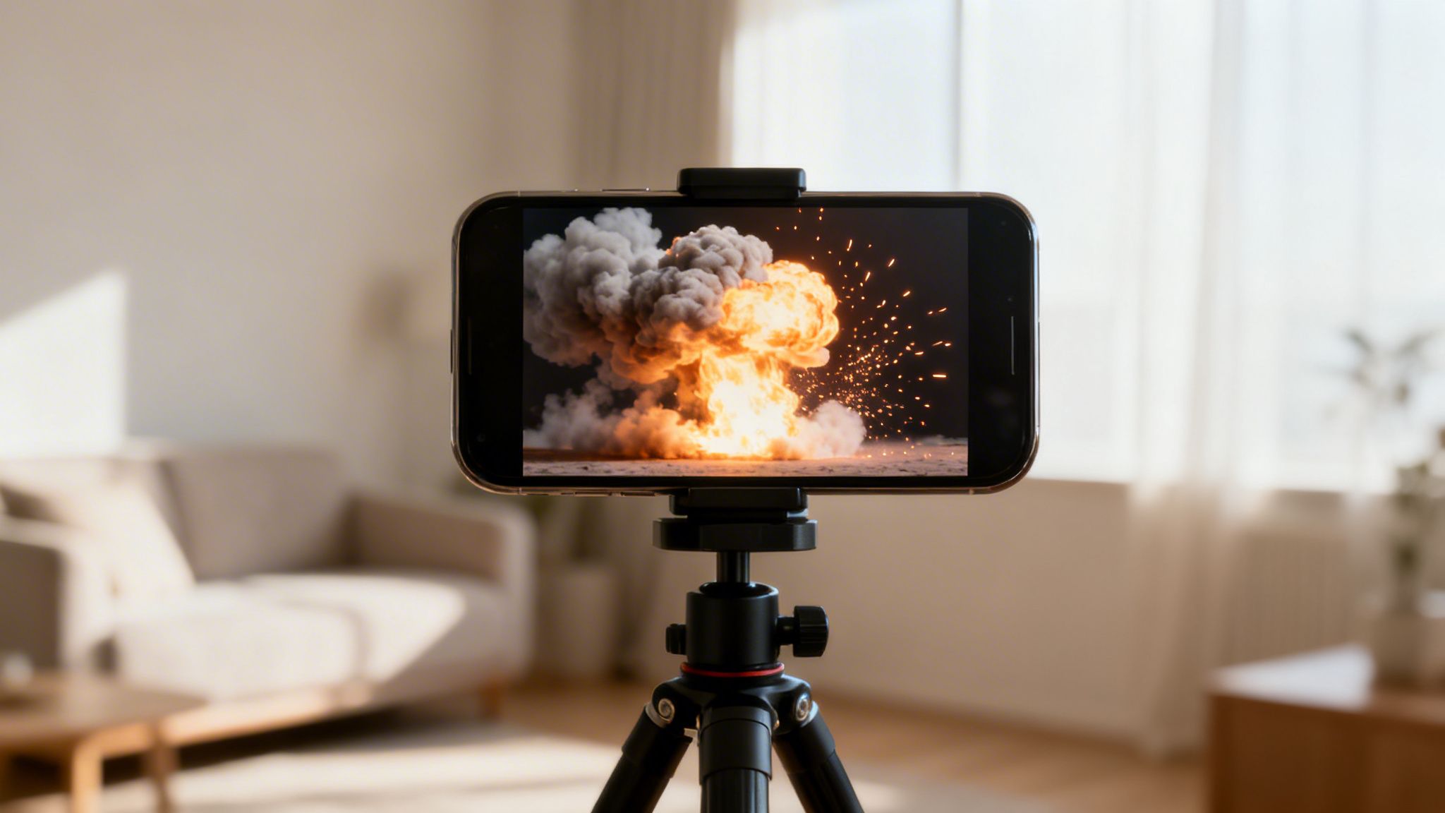 A smartphone mounted on a tripod displays an explosion video effect in a bright indoor setting.