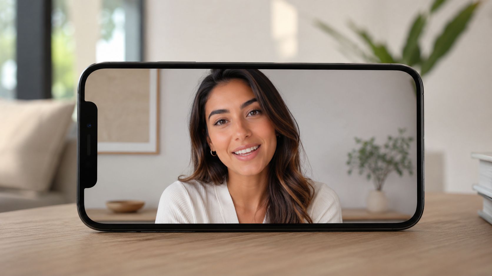 A smartphone resting on a wooden table displays a friendly woman participating in a live video call.