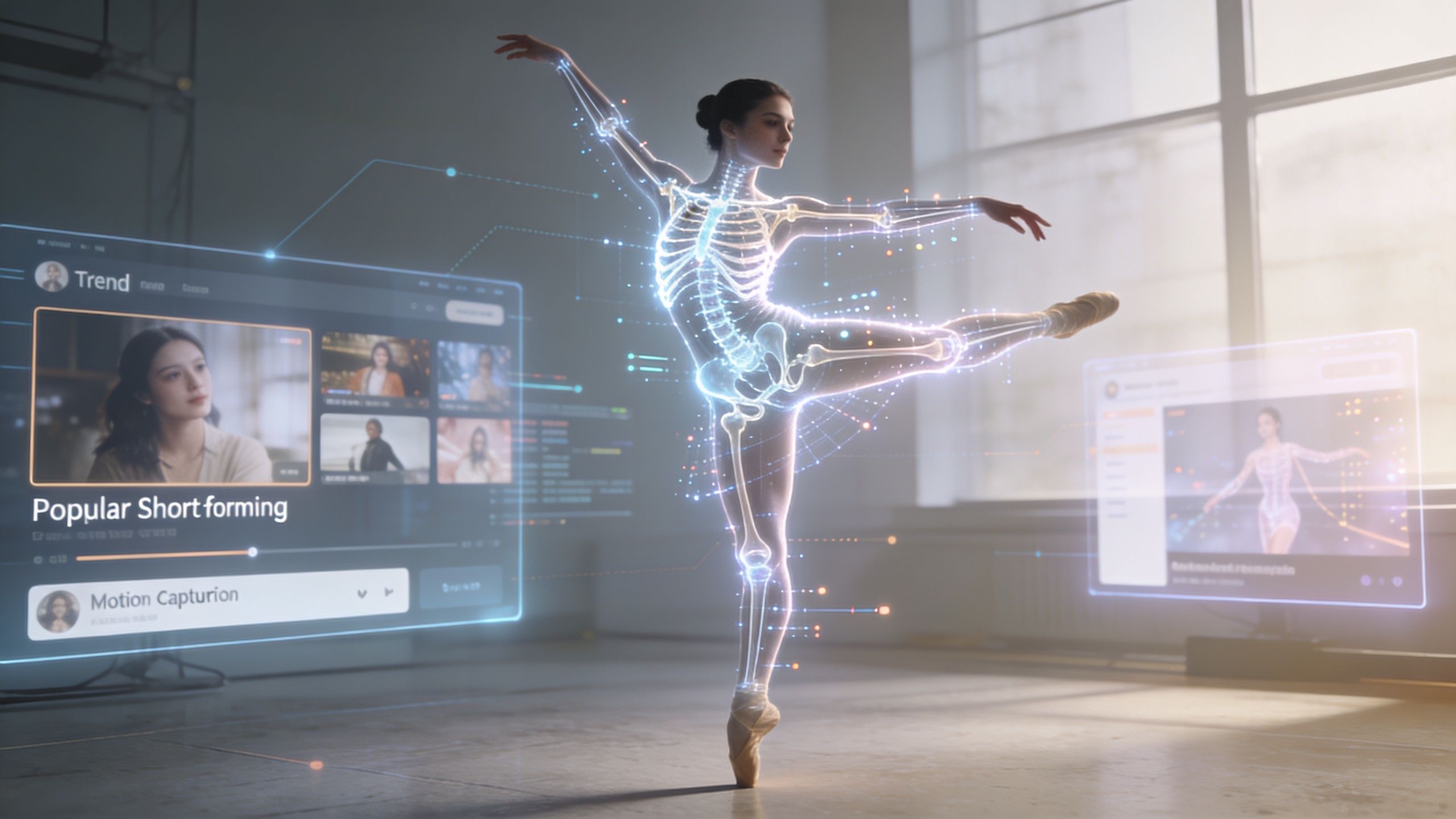 A digital ballet dancer with a glowing skeletal overlay performing in a high-tech motion capture studio environment.