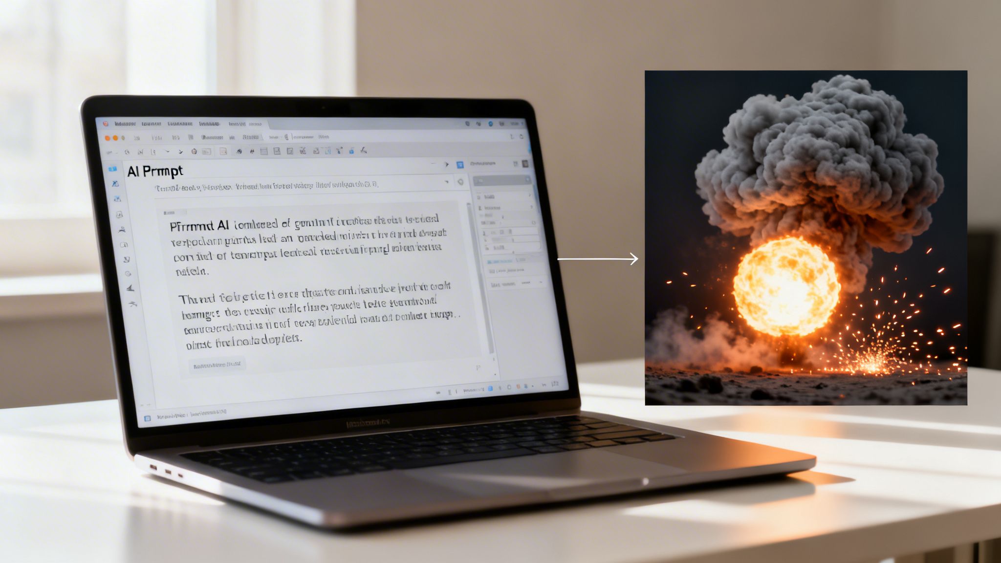 A laptop screen showing an AI prompt, with an arrow pointing to a fiery explosion image.