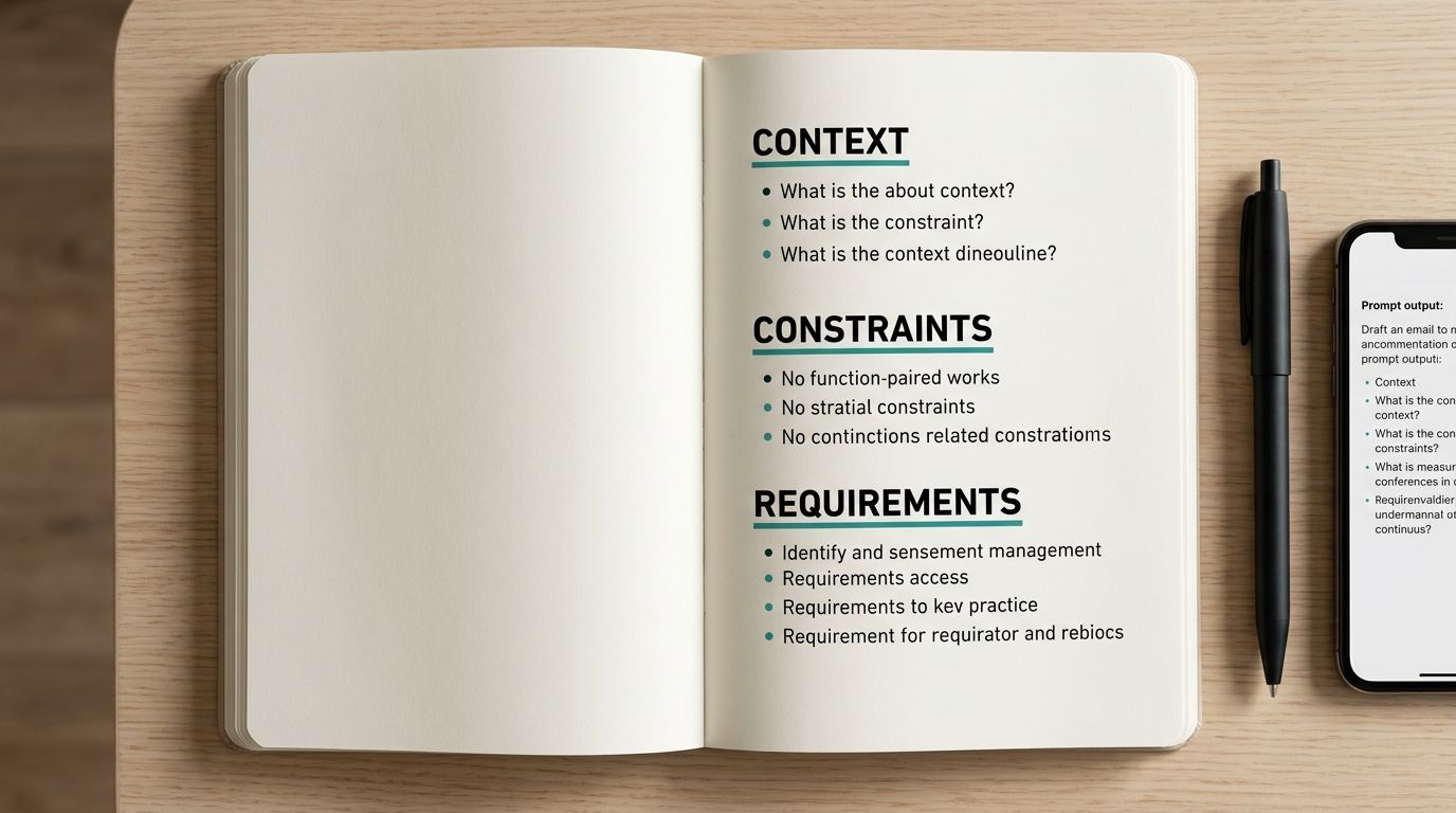 An open notebook on a wooden desk featuring a list of prompt engineering concepts for AI.
