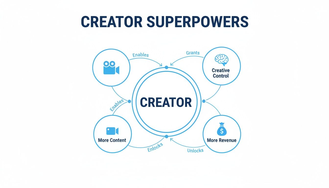A diagram titled 'Creator Superpowers' showing how a creator enables more content, creative control, and revenue.