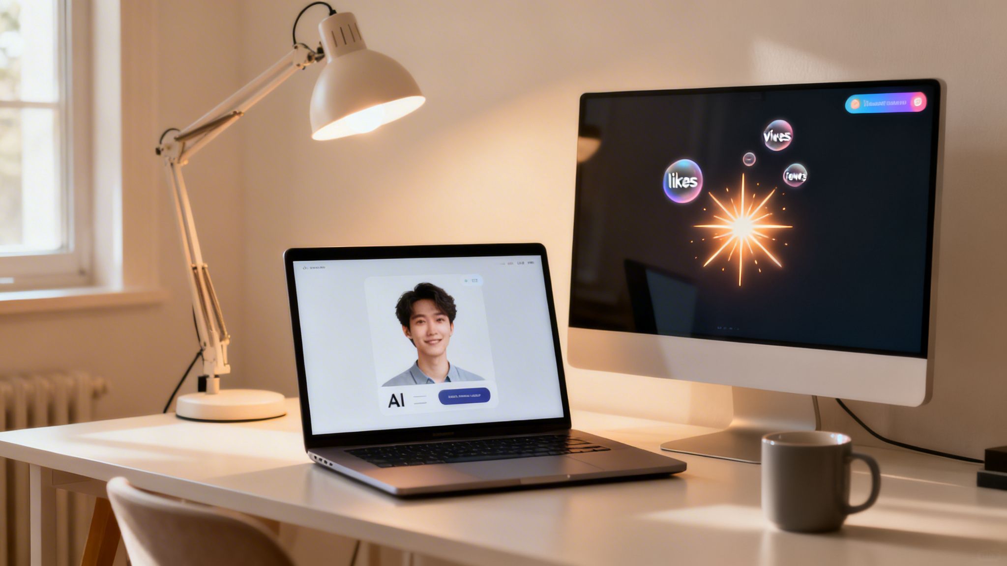 A modern desk setup with a laptop displaying an AI profile and a monitor showing interactive graphics.