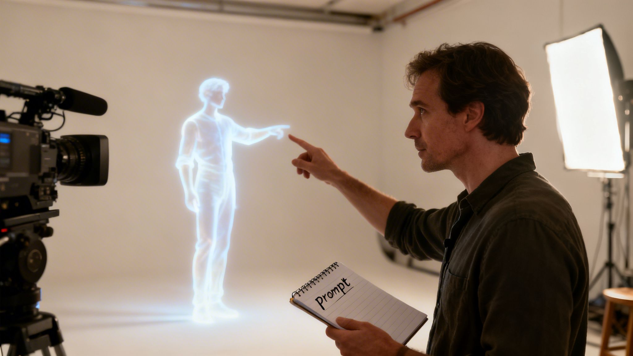 A man in a studio points at a glowing holographic figure while holding a notebook labeled 'Prompt'.