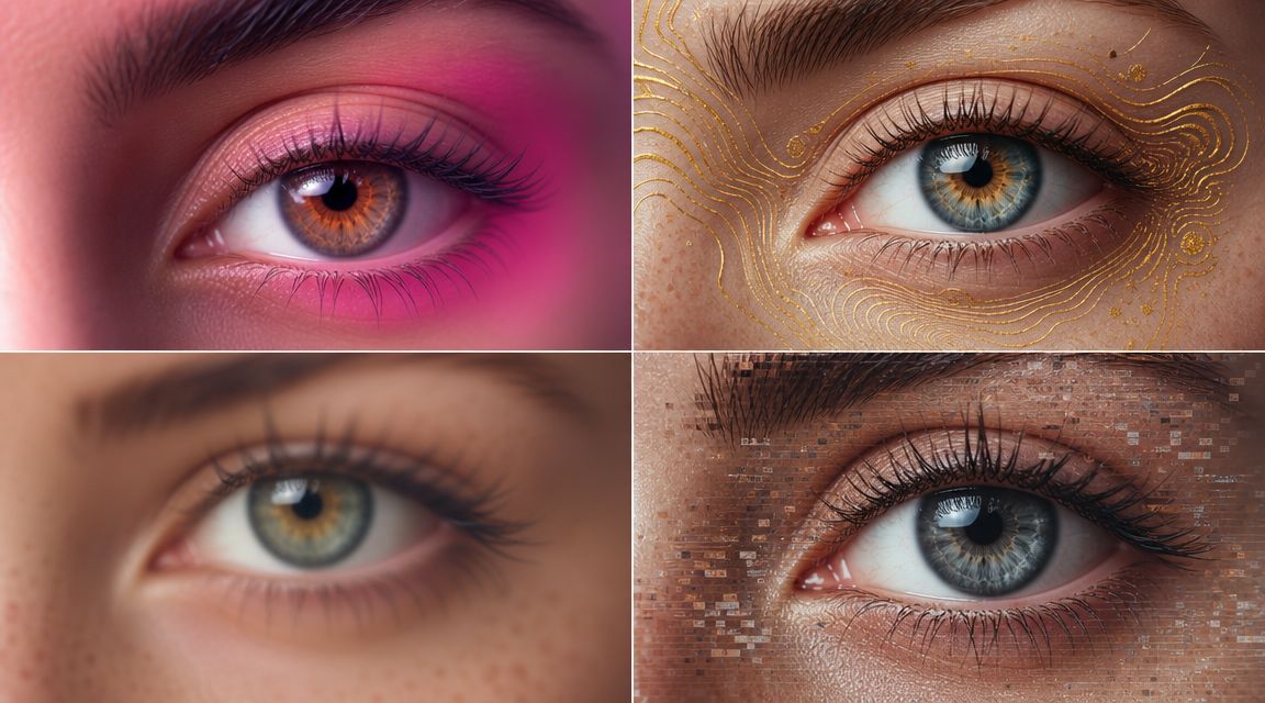 A collage showing four distinct close-up portraits of human eyes with varied artistic styles and colors.