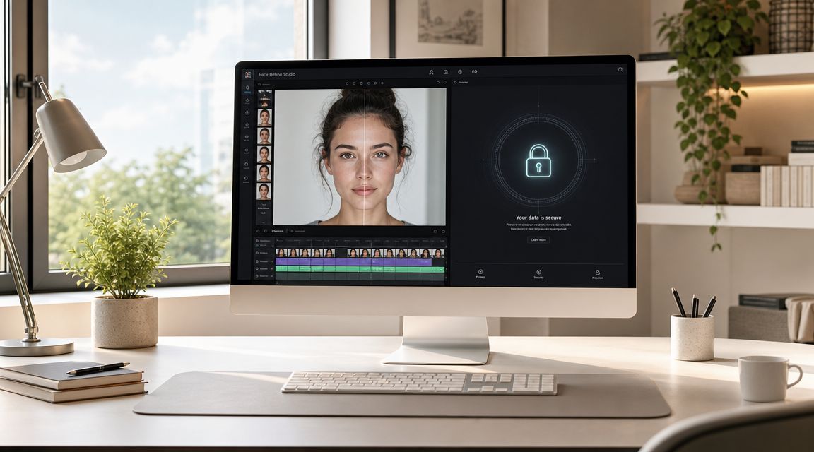 A sleek modern office setup showing a computer screen running professional face video editing software.