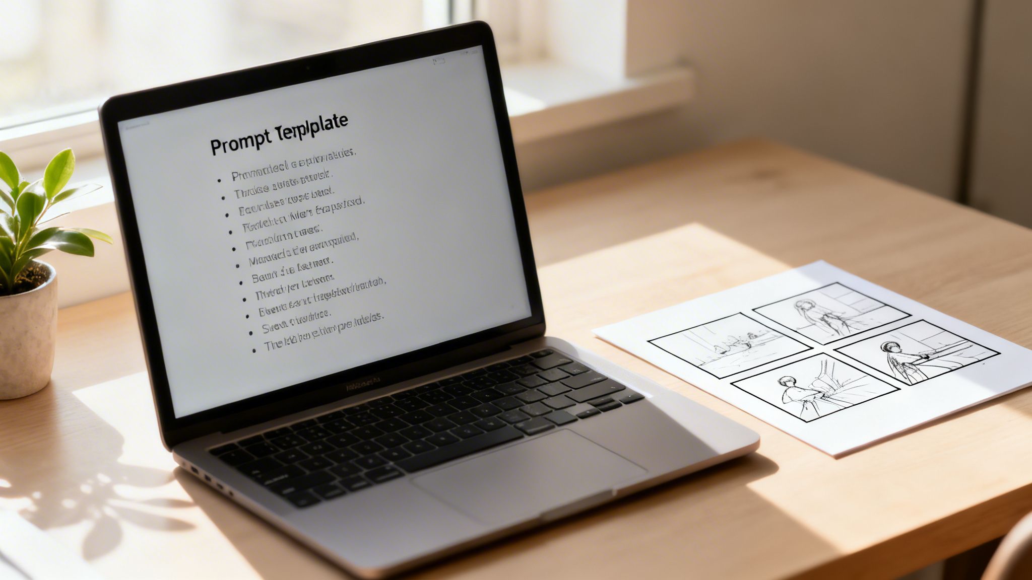 A laptop displaying a "Prompt Template" list on a wooden desk next to a printed comic strip.