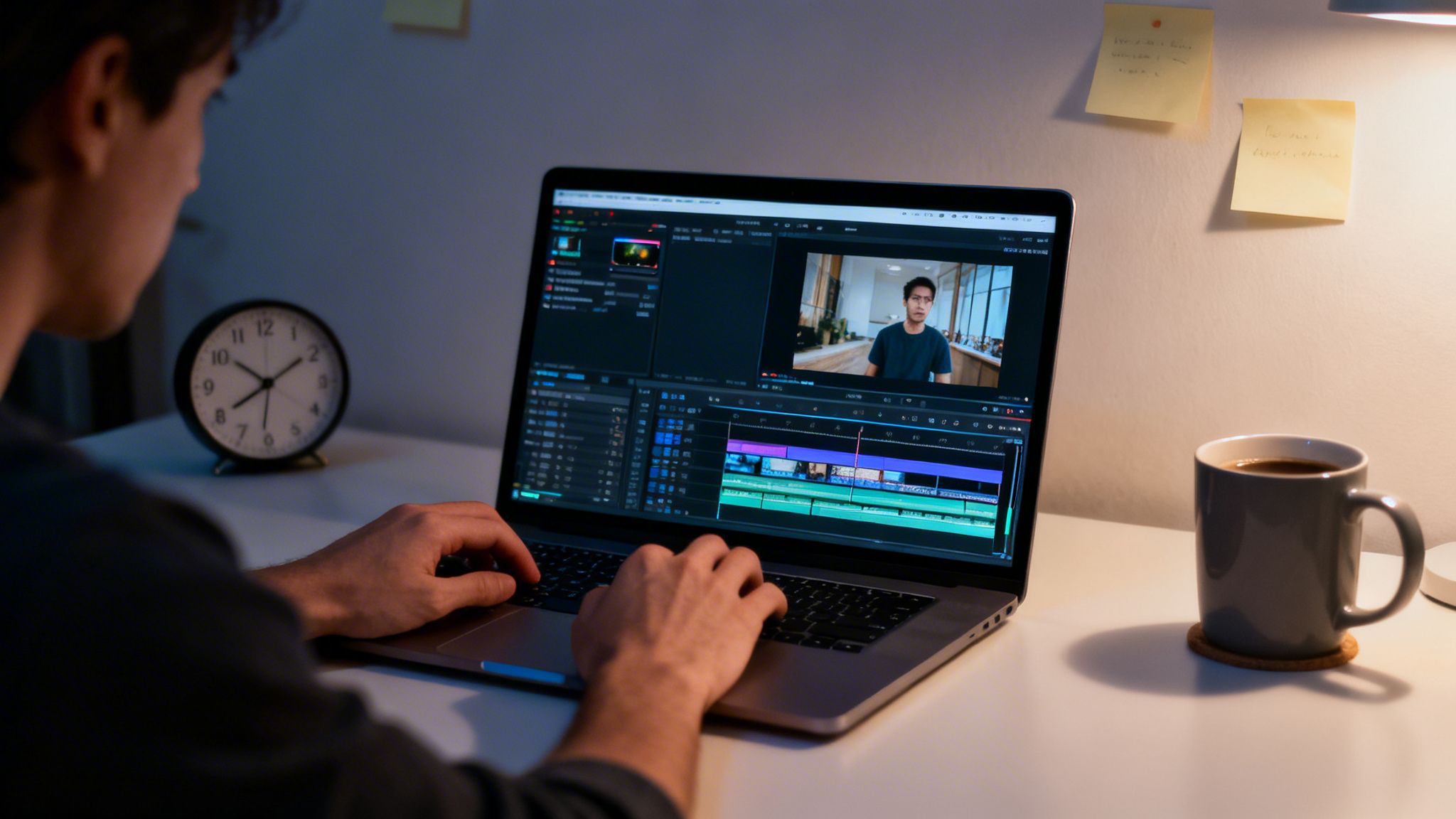 A person works on a laptop, editing video footage in a dimly lit room, with a clock and coffee nearby.