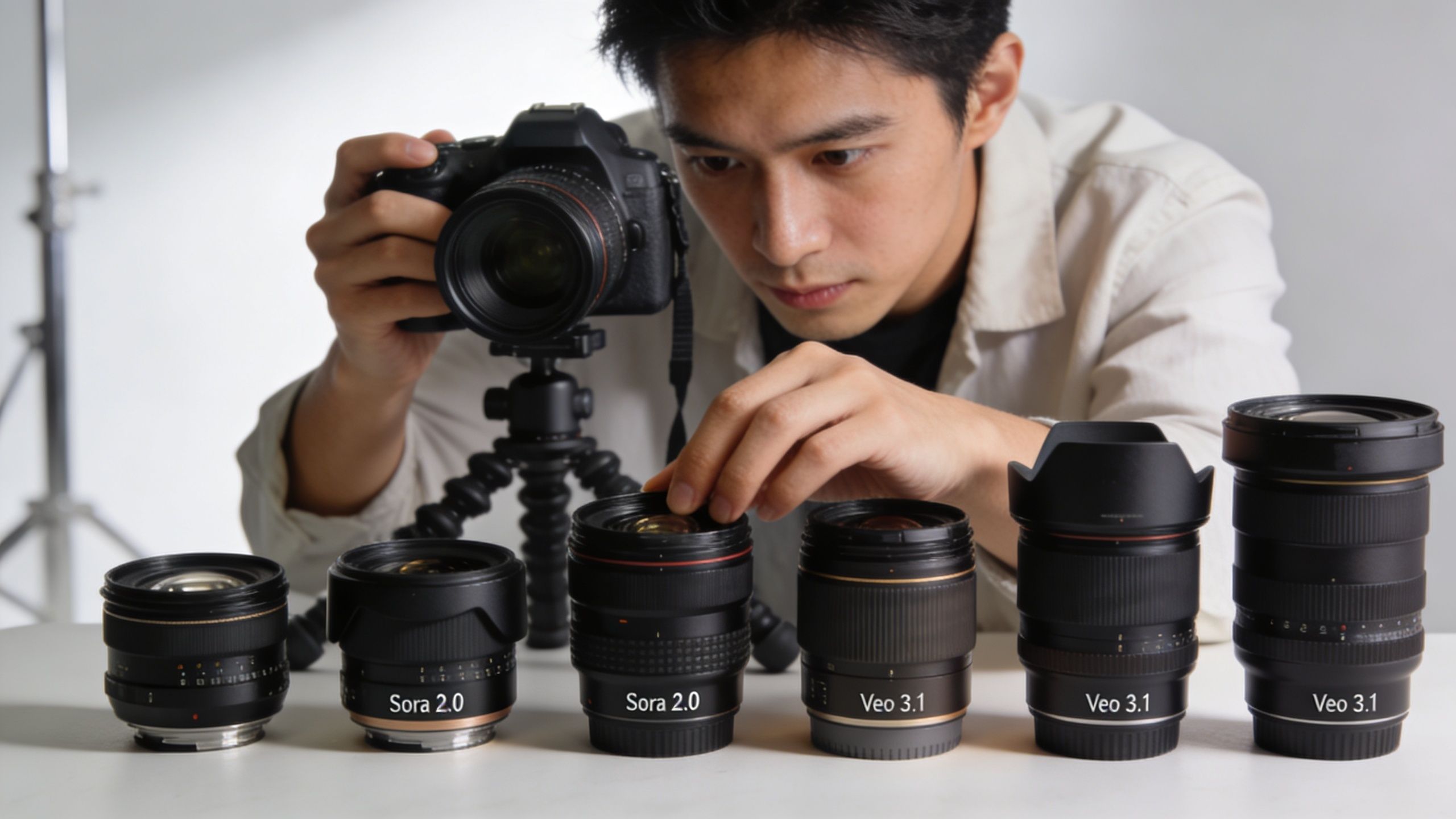 A professional photographer carefully selecting a camera lens from a variety of branded photography equipment on display.