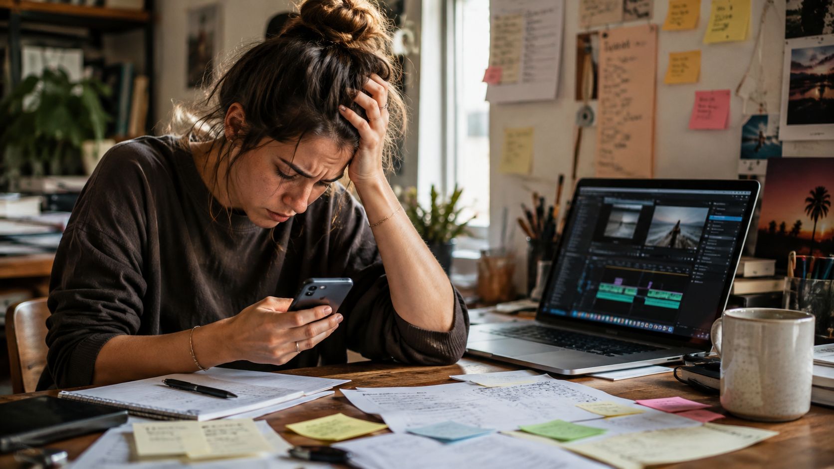 A stressed woman working at her desk with a laptop and phone, feeling overwhelmed by her tasks.