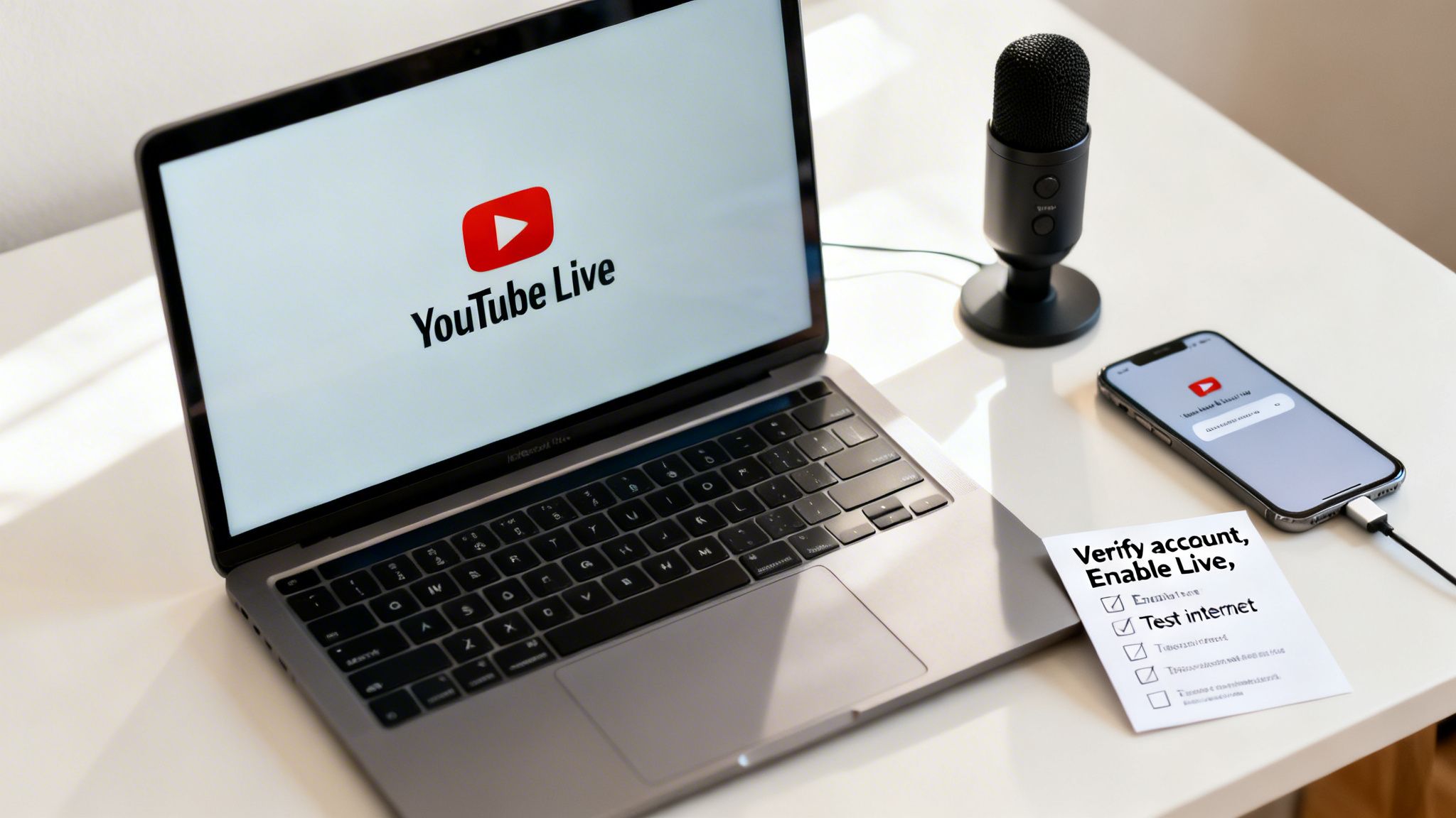 A laptop displays 'YouTube Live' alongside a microphone, smartphone, and a checklist for live streaming setup.