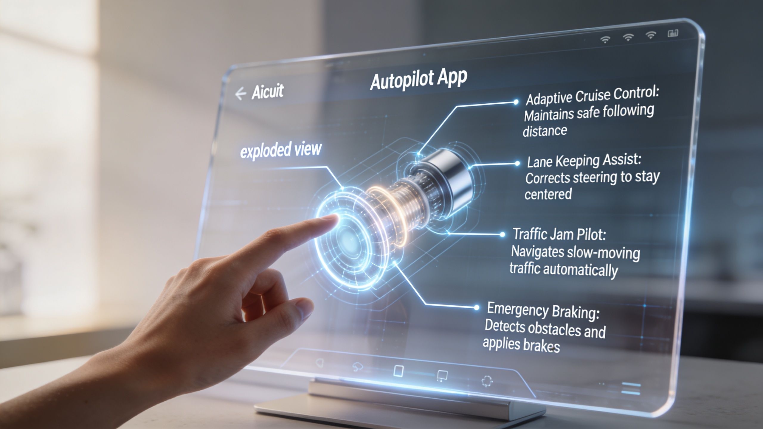 A user interacts with a holographic touchscreen interface displaying an exploded view of an autopilot system.