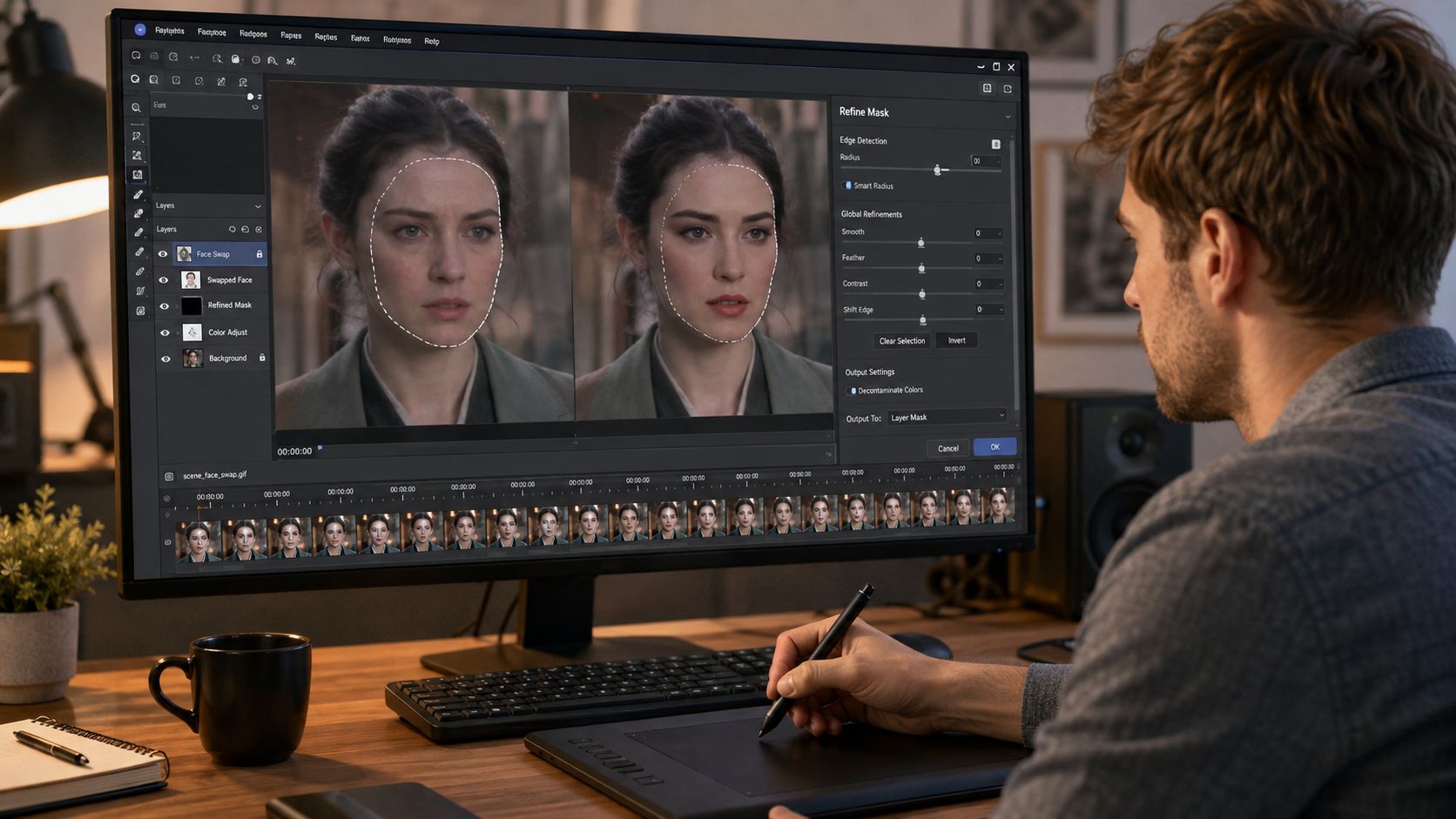A digital artist uses a pen tablet to edit a face swap on a video GIF.