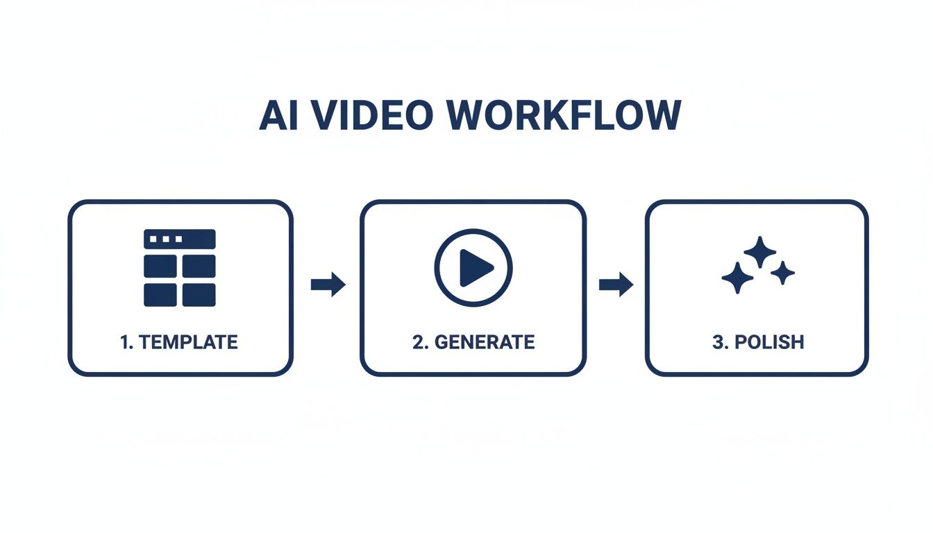 Diagram illustrating the AI video workflow with three sequential steps: 1. Template, 2. Generate, and 3. Polish.