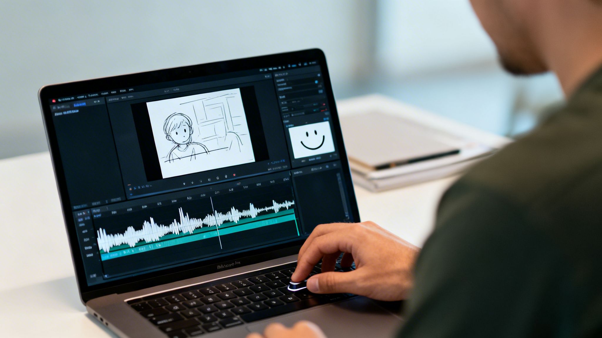 A person uses a laptop to edit a video featuring cartoon drawings and an audio waveform.