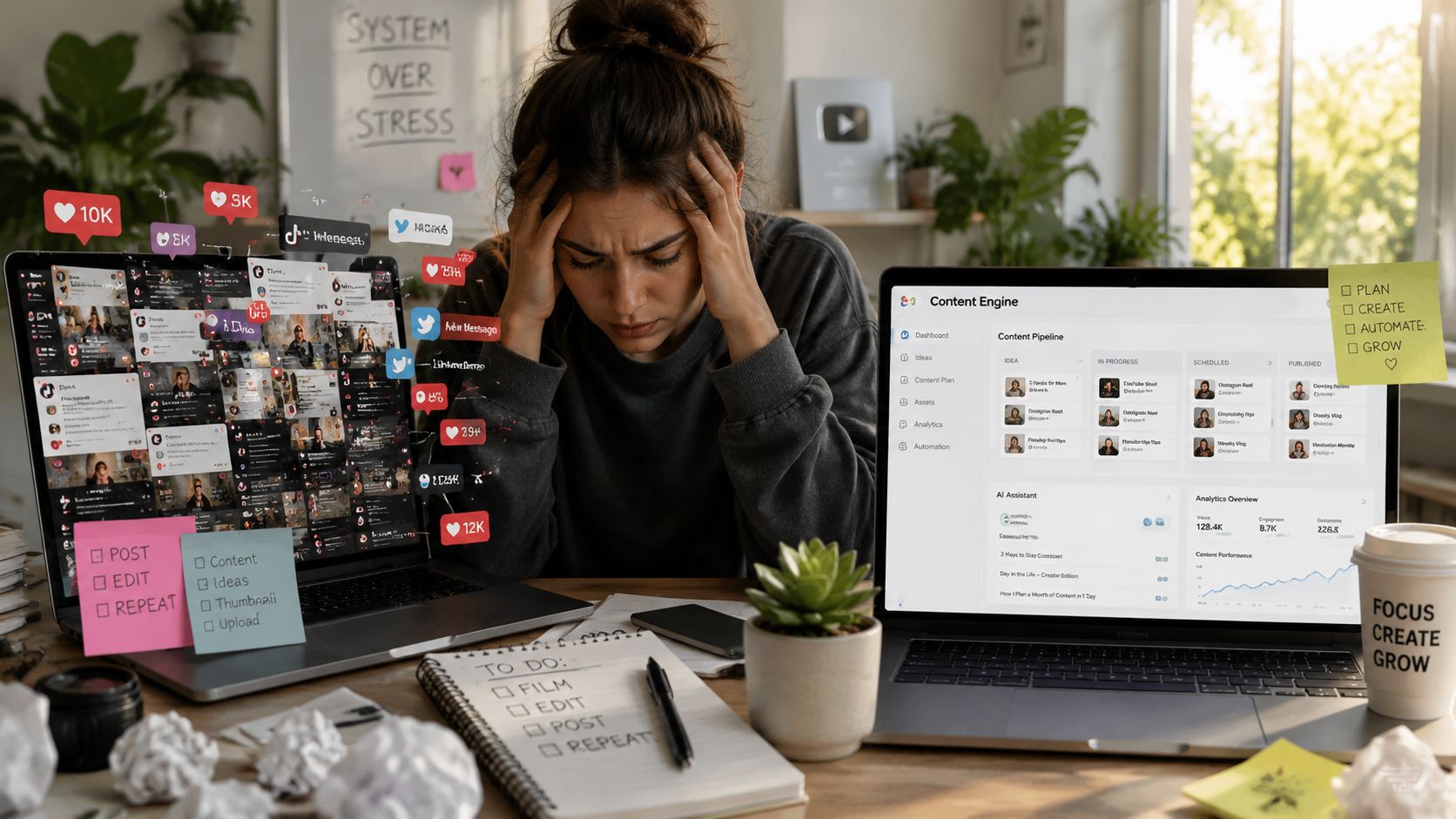 A stressed content creator working at a desk between two laptops filled with social media notifications.