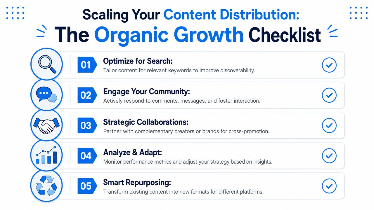 An infographic titled The Organic Growth Checklist outlining five key strategies for scaling content distribution effectively.